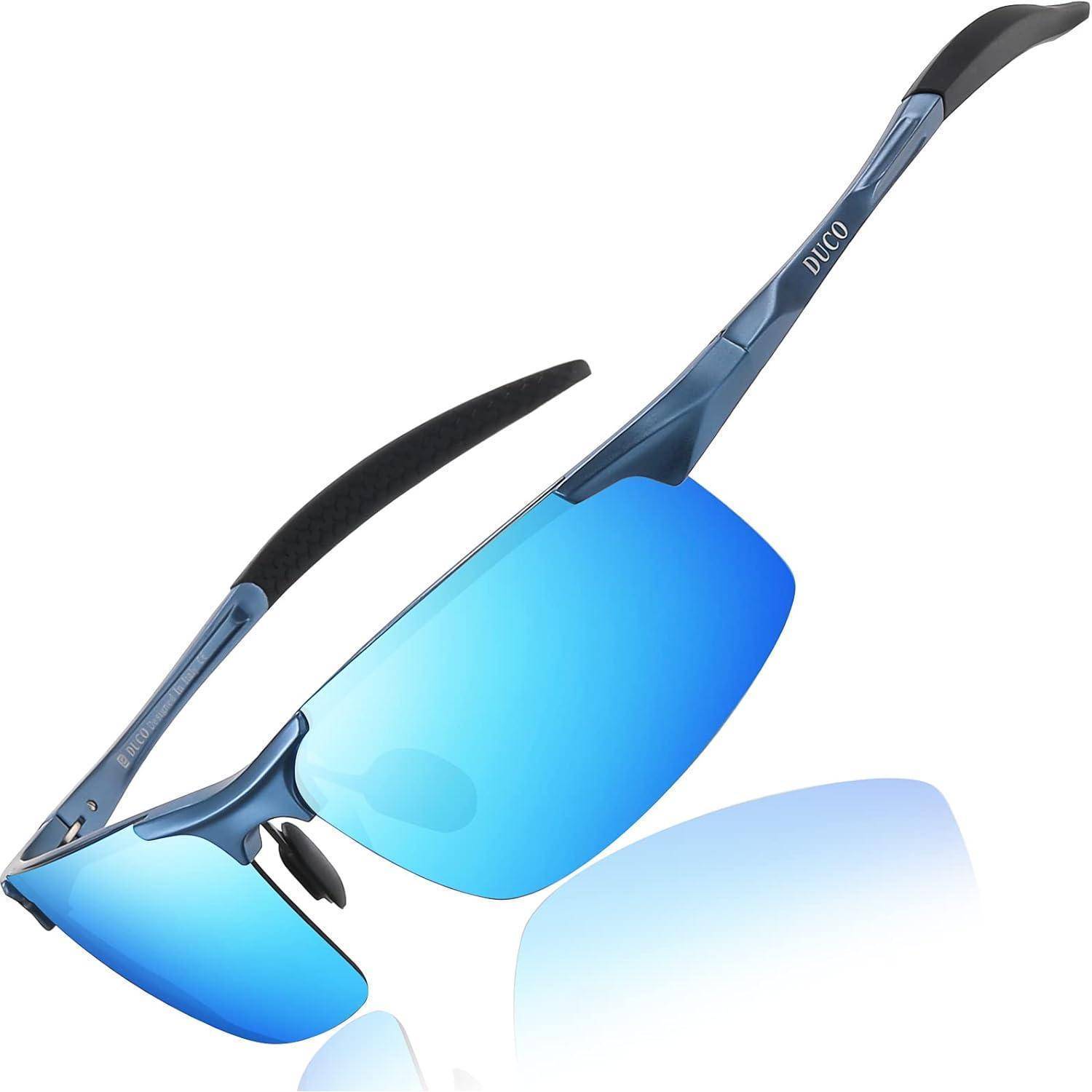 Blaue randlose Sonnenbrille mit verspiegelten, reflektierenden Gläsern und einem leichten, flexiblen Gestell.