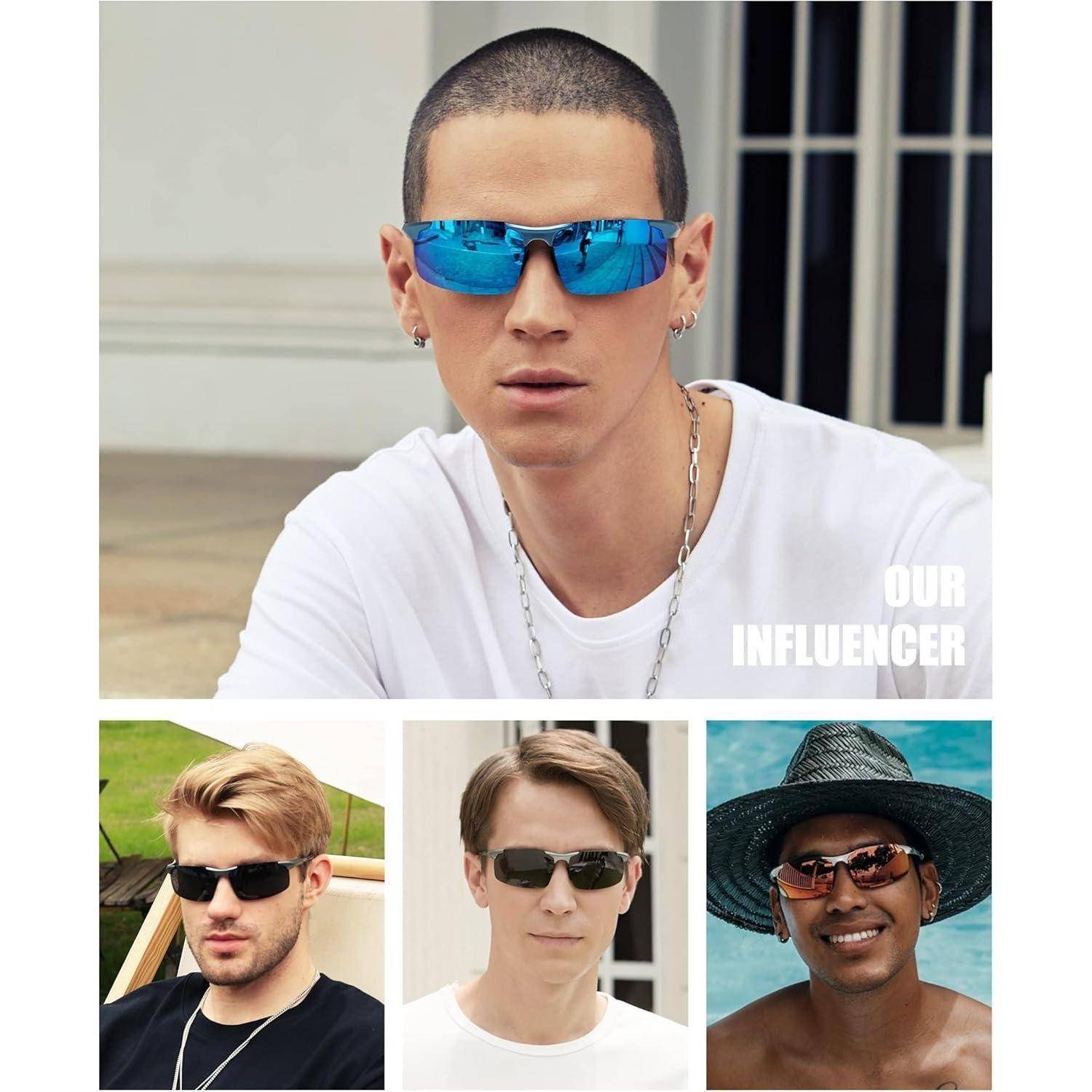 Mann mit reflektierenden blauen Sonnenbrille und weißem Hemd, mit der Bildunterschrift 