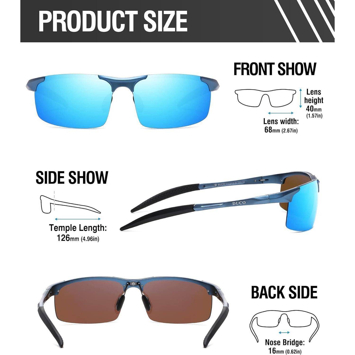Sonnenbrille Produktdiagramm, das Vorder-, Seiten- und Rückansicht mit Maßangaben zeigt: Linsenhöhe 40 mm, Breite 68 mm, Bügellänge 126 mm, Nasensteg 16 mm.