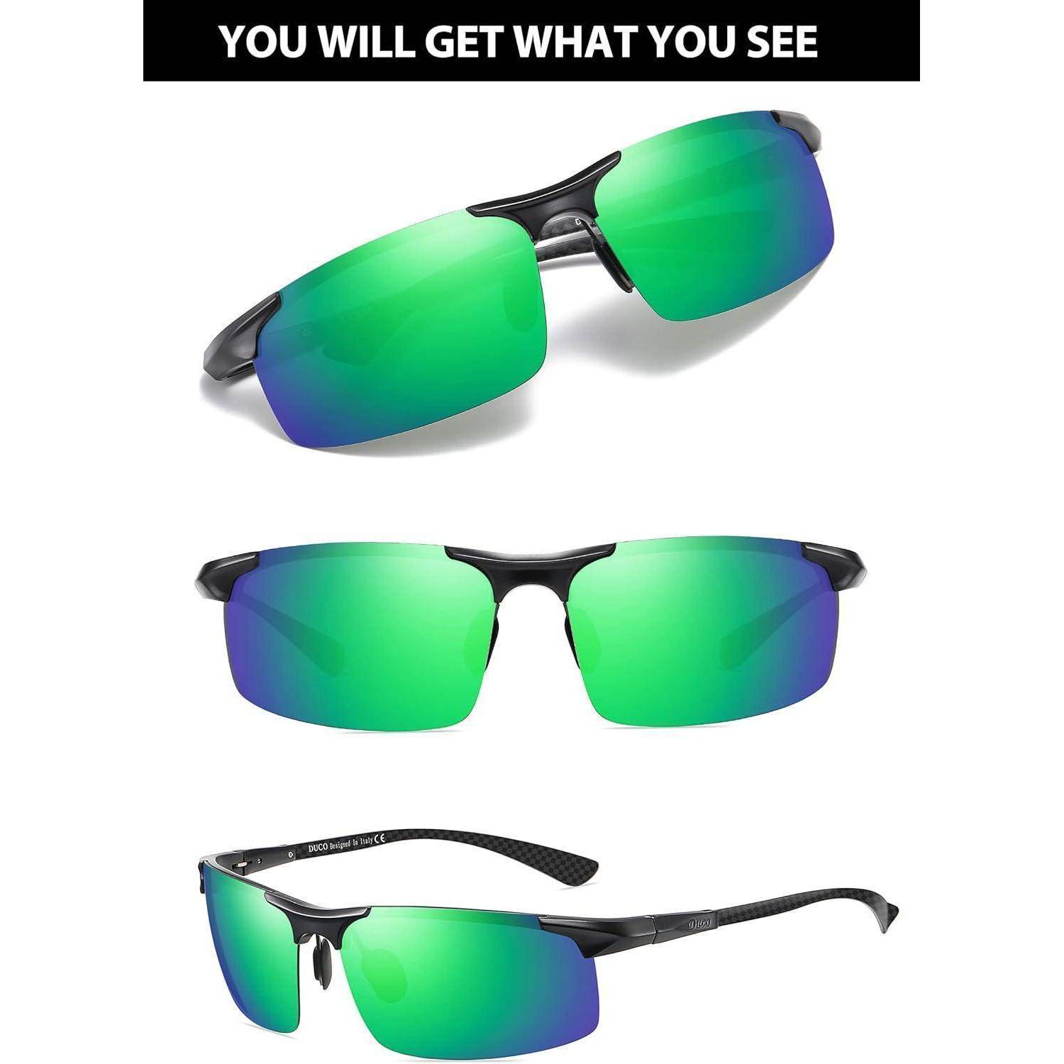 Sonnenbrille mit grün getönten Gläsern und schwarzem Rahmen. Oben im Bild der Text 'Was du siehst, das bekommst du'.
