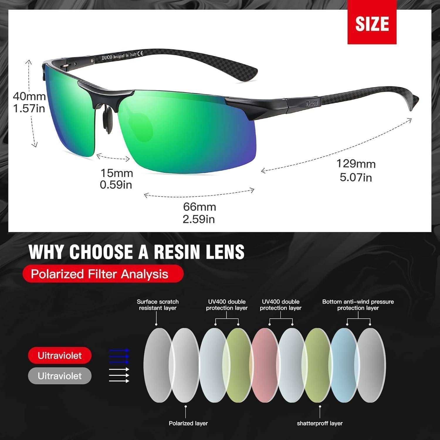 Sonnenbrille mit grünen Gläsern und schwarzem Gestell. Abmessungen: 40mm Höhe, 129mm Breite. Eigenschaften: polarisierte Gläser, UV-Schutz.