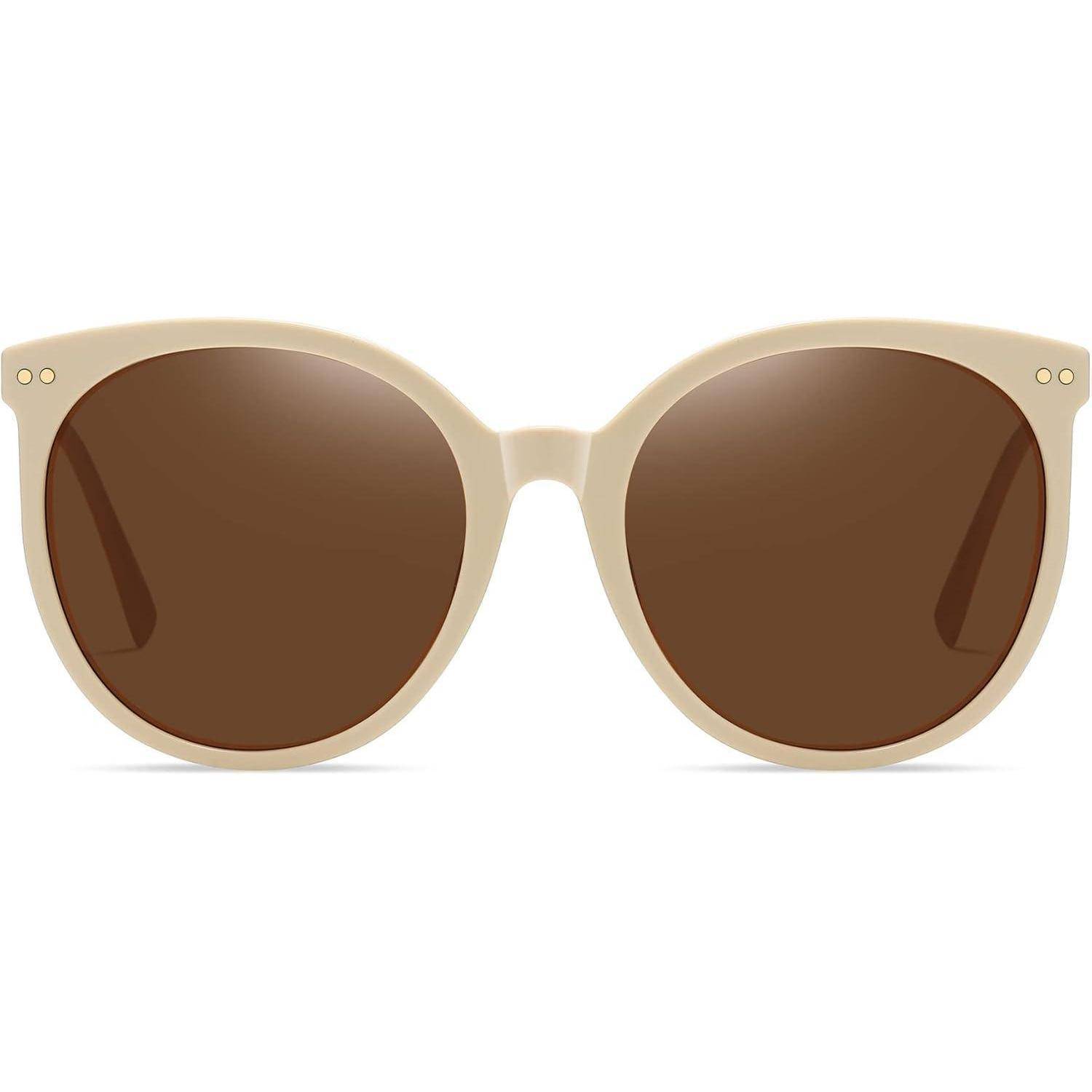 Beige runde Sonnenbrille mit dunklen Gläsern, von vorne betrachtet.