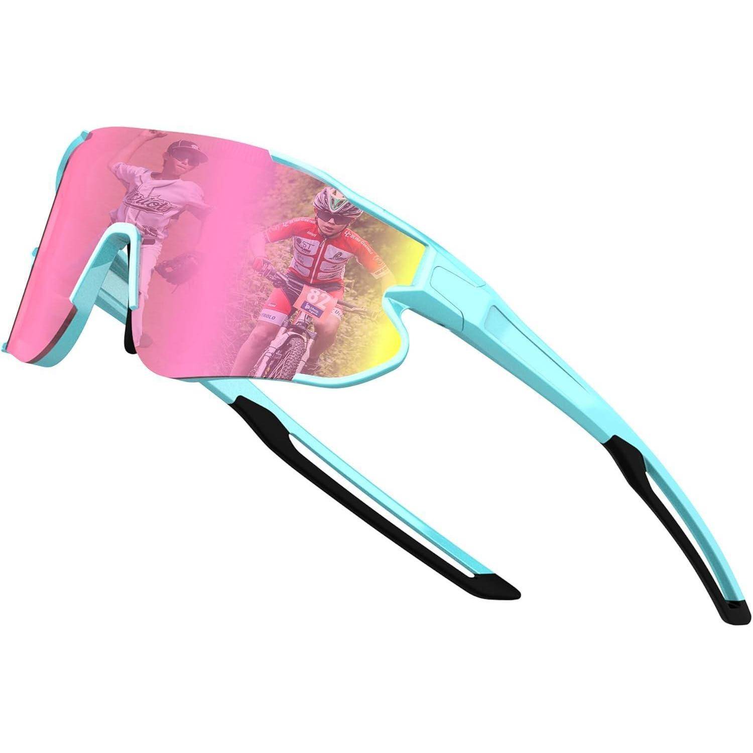 Stilvolle blaue Sport-Sonnenbrille mit rosa verspiegelten Gläsern, auf denen Bilder von zwei Radfahrern zu sehen sind - einer beim Radfahren und der andere in Ausrüstung posierend.