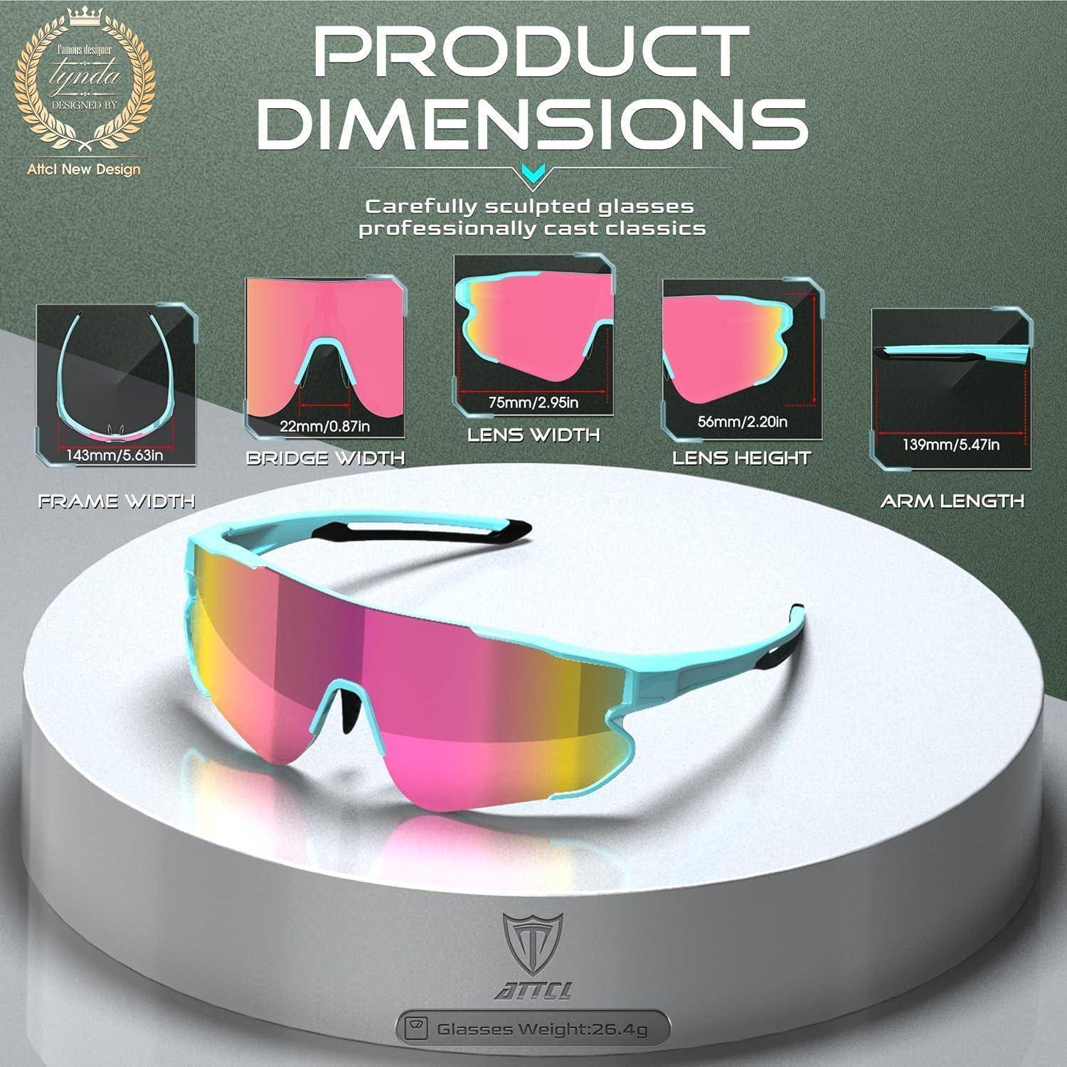 Sonnenbrille Display mit Messungen: 143mm Rahmenbreite, 20mm Stegbreite, 75mm Linsenbreite, 56mm Linsenhöhe, 147mm Bügellänge.