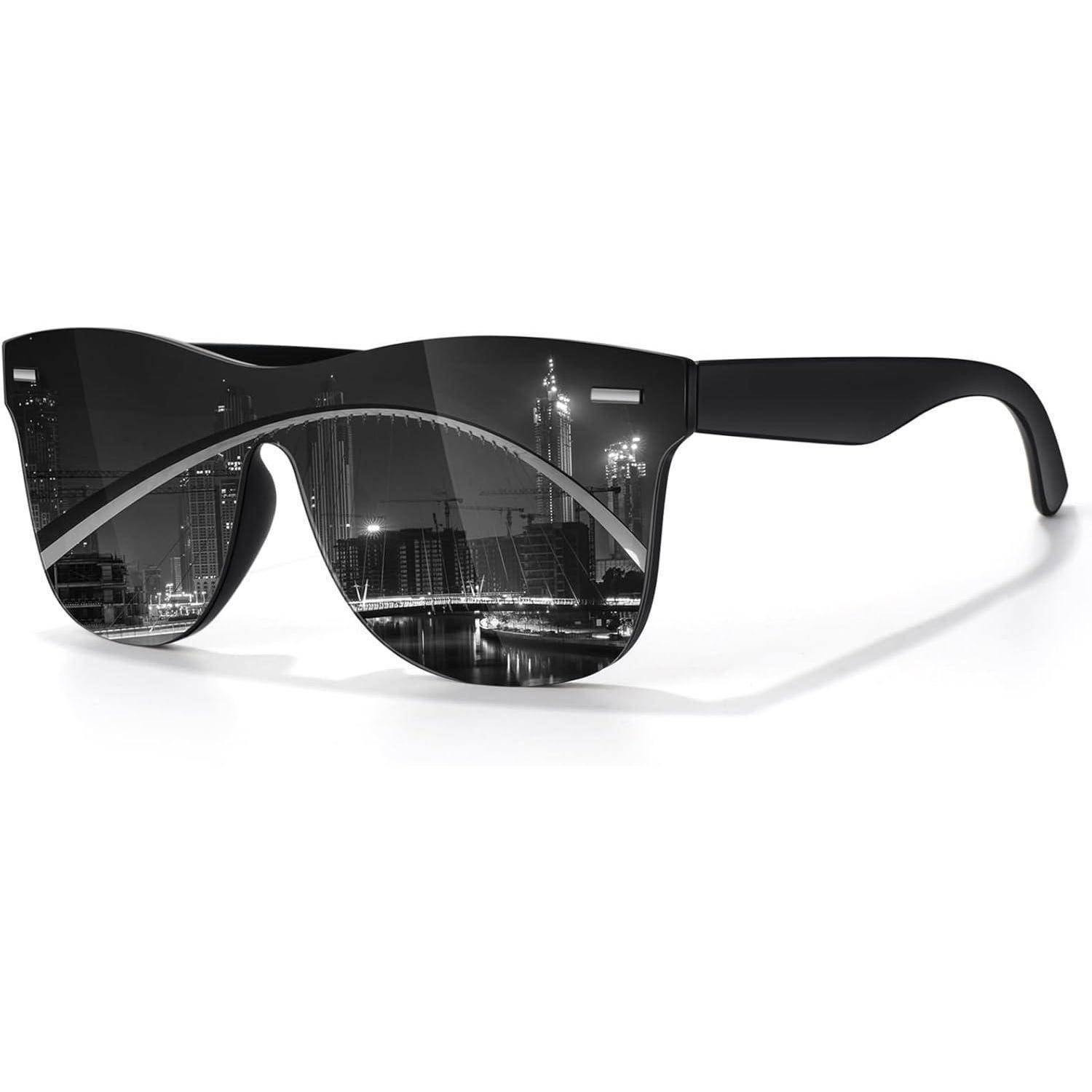 Sonnenbrille mit einer Stadtsilhouette, die sich in den Gläsern spiegelt, mit hohen Gebäuden und einer Brücke in Schwarz-Weiß.