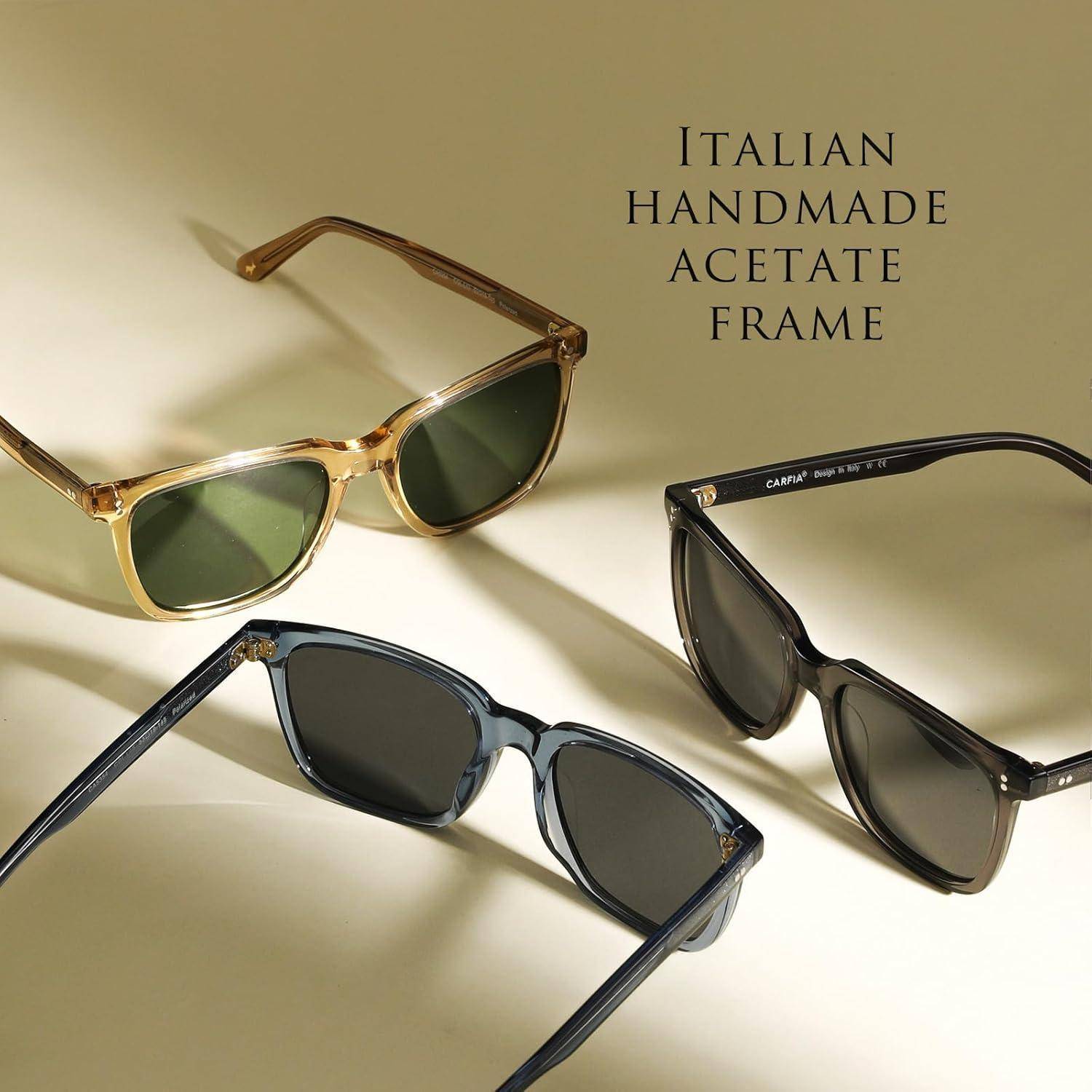Drei Sonnenbrillenpaare mit Acetatgestellen werden vor einem beigen Hintergrund präsentiert. Der Text lautet: „Italienische handgefertigte Acetatrahmen.