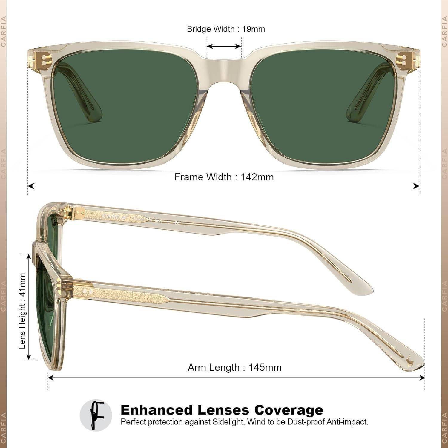 Sonnenbrille mit transparenten Rahmen und grünen Gläsern, von vorne und der Seite gezeigt. Wichtige Maße: Rahmenbreite 142 mm, Bügellänge 145 mm.