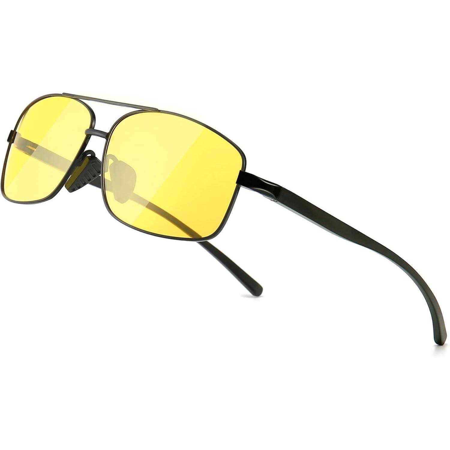Gelb getönte Sonnenbrille mit schwarzen Metallrahmen auf weißem Hintergrund, aus verschiedenen Winkeln gezeigt, und zwar von der Seite und von vorne.