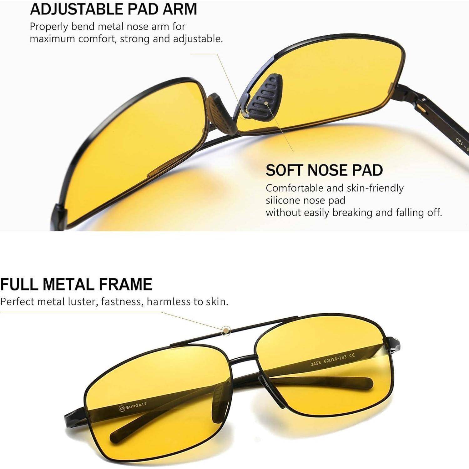Gelbe Sonnenbrille mit verstellbaren Bügeln, weichen Nasenpads für Komfort und einem vollständigen Metallrahmen für Langlebigkeit.
