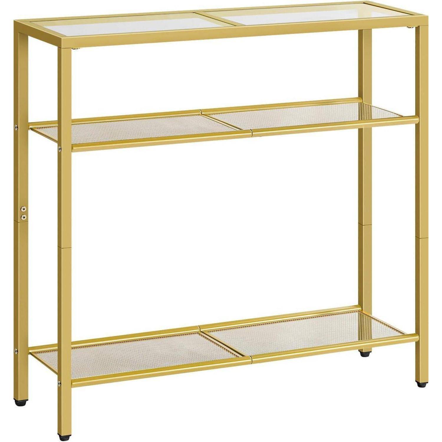 Ein minimalistisches, dreistufiges Regalgestell mit einem Metallrahmen in Goldausführung, ausgestattet mit Gitterregalen und kleinen Stützfüßen.