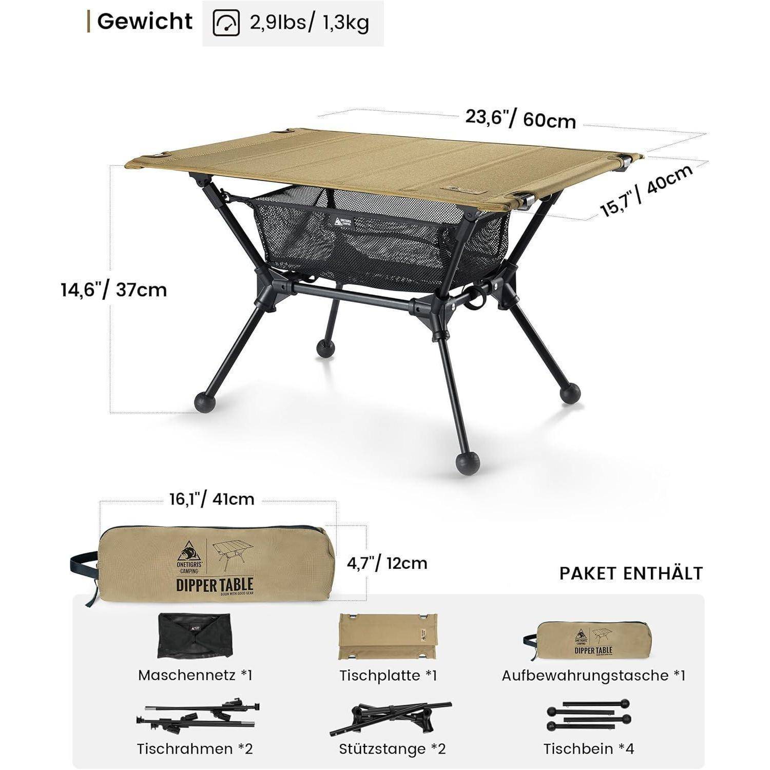 Tragbarer Campingtisch mit Maßen: Tischplatte 60 x 40 cm, Höhe 41 cm. Inklusive Netzablage, Tischplatte, Stützstreben, Transporttasche. Gewicht: 2,9 Pfund/1,3 kg.