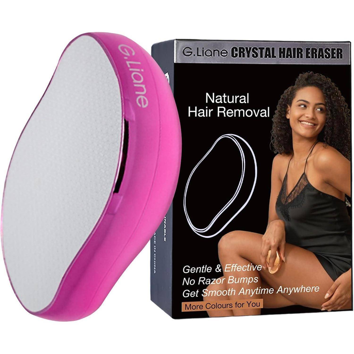 Ein rosa G.Liane Crystal Hair Eraser, der neben seiner Verpackung präsentiert wird. Die Schachtel zeigt eine lächelnde Frau und den Text: „Natürliche Haarentfernung