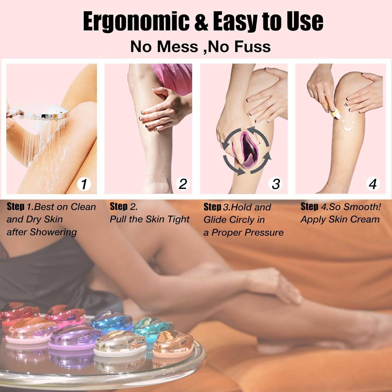 Ergonomisch & Einfach zu Bedienen: 1. Am besten auf sauberer und trockener Haut nach dem Duschen. 2. Haut straff ziehen. 3. Mit angemessenem Druck halten und gleiten. 4. Hautcreme auftragen!