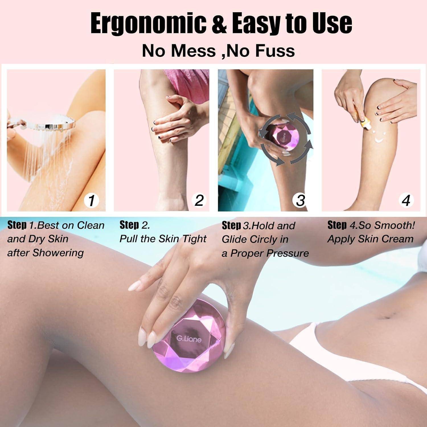 Ergonomisch & Einfach zu Bedienen: Keine Unordnung, Keine Umstände. Schritte: 1. Peelen Sie die Haut nach dem Duschen auf sauberer, trockener Haut. 2. Straffen Sie die Haut. 3. Gleiten Sie kreisförmig. 4. Tragen Sie Feuchtigkeitscreme auf.