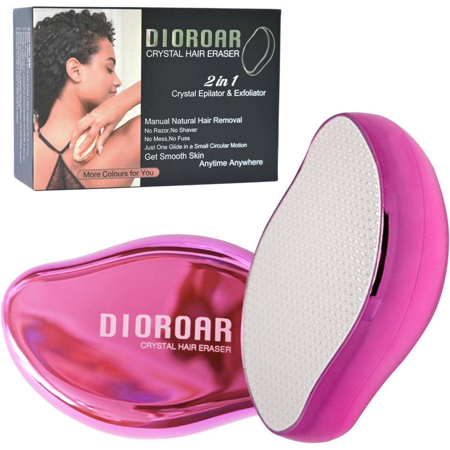 Dioroar Crystal Haar-Entferner' Verpackung mit dem Profil einer Frau und Merkmalen wie '2-in-1 Kristall-Epilierer & Exfoliator' Werkzeug in Rosa.