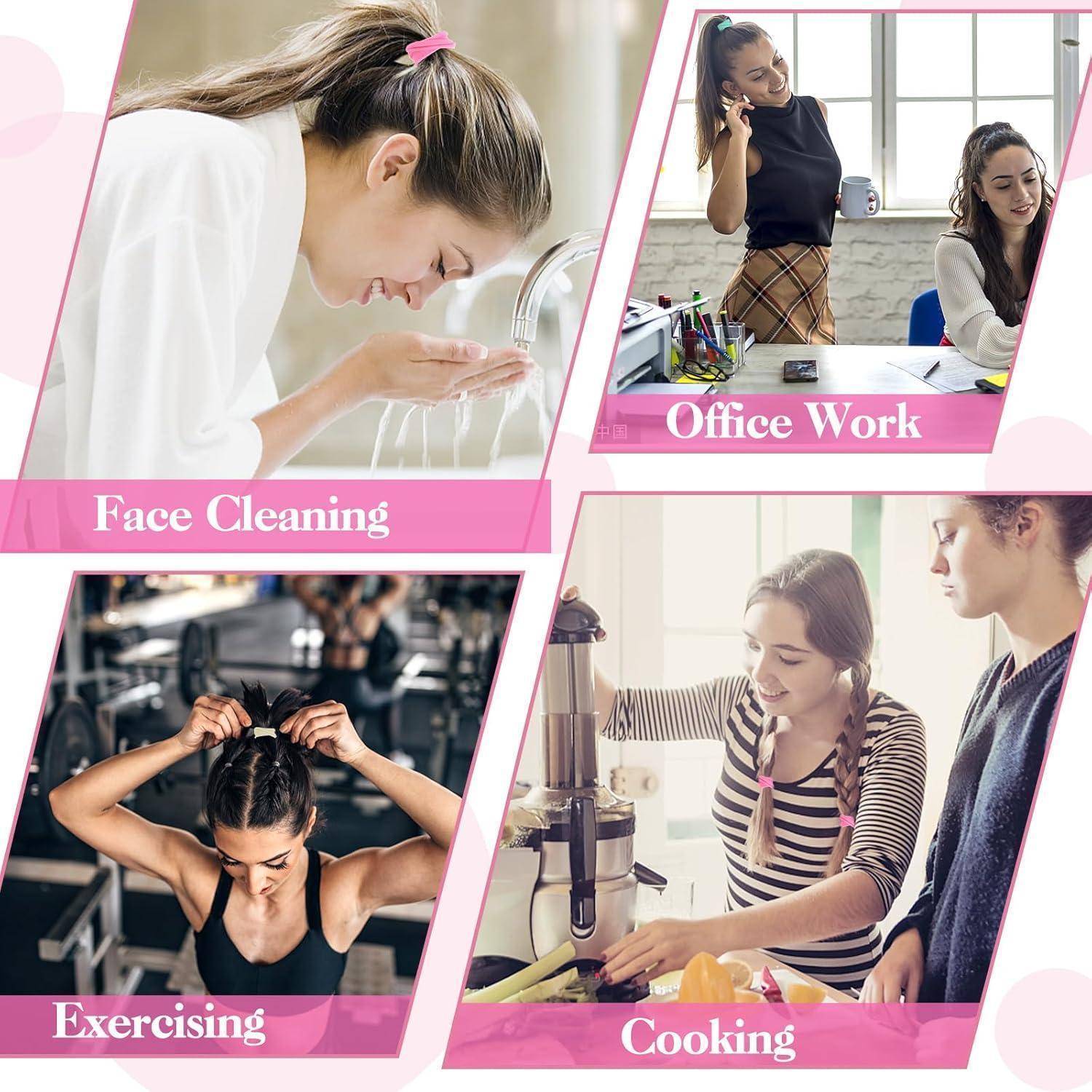 Collage aus vier Bildern: eine Frau, die sich das Gesicht wäscht, zwei Frauen, die in einem Büro arbeiten, eine Frau beim Sport treiben und zwei Menschen, die gemeinsam kochen.