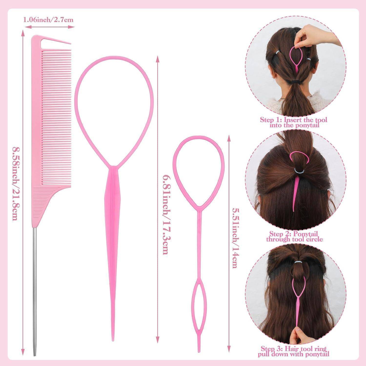 Haarstyling-Werkzeuge und Schritte zum Erstellen eines Pferdeschwanzes. Enthält einen pinken Kamm und ein Schlaufenwerkzeug. Schritte: Einführen, Pferdeschwanz durch Schlaufe ziehen, nach unten ziehen.
