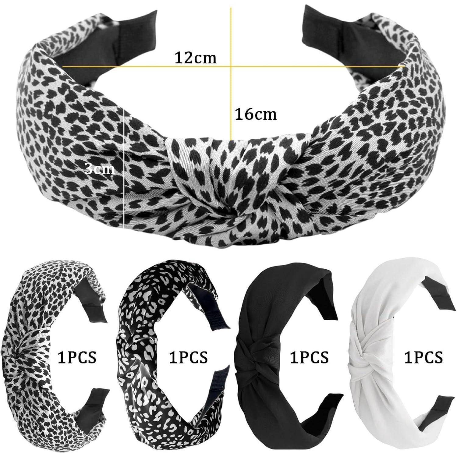 Eine Sammlung von vier Stirnbändern in Leopardenmuster und einfarbigen Designs, jeweils mit der Aufschrift '1 PCS', mit Maßangaben zur Größe.