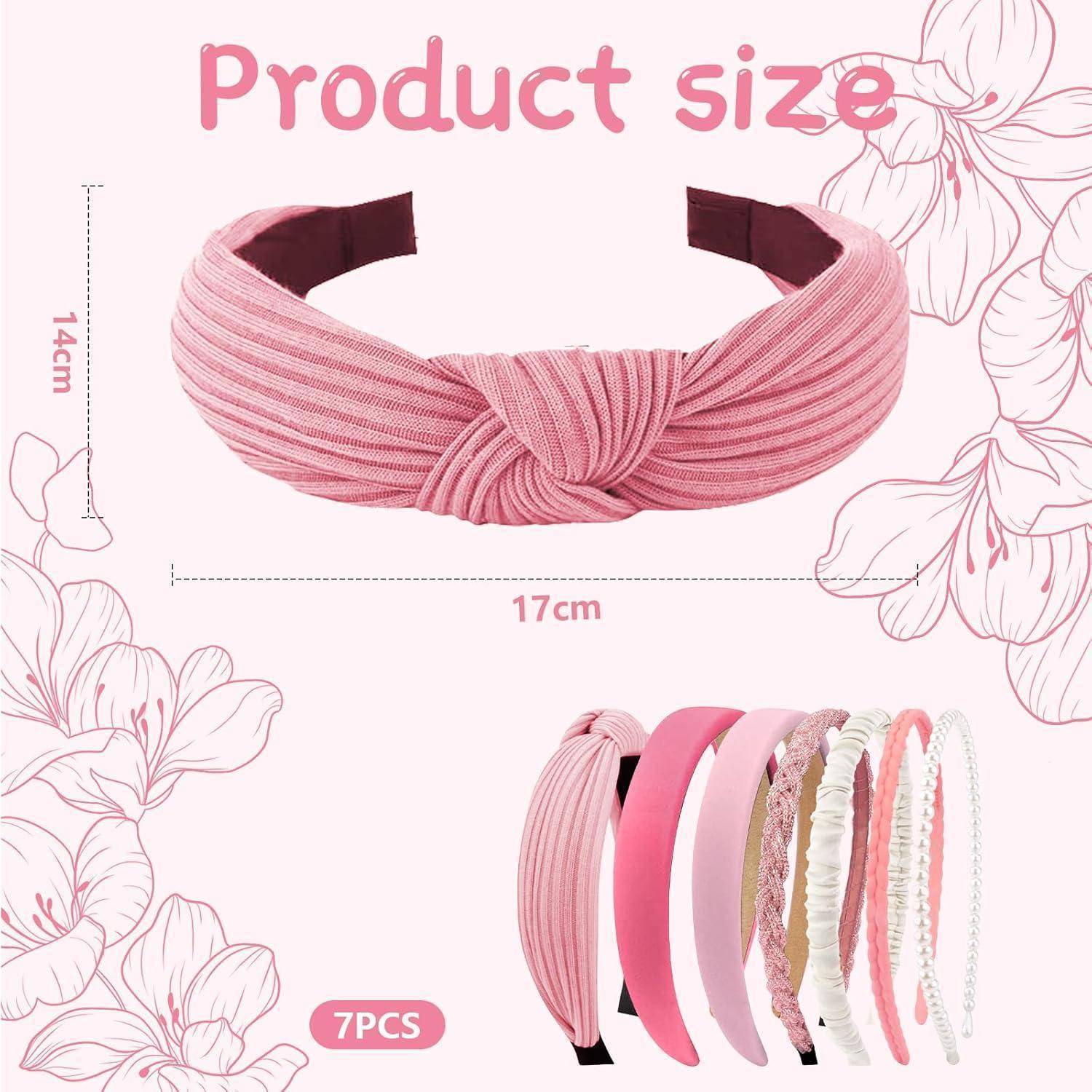 Produktbild eines rosa geknoteten Haarreifs mit Abmessungen: 17 cm breit, 14 cm hoch. Darunter ist ein Set von 7 verschiedenen Haarreifs abgebildet.