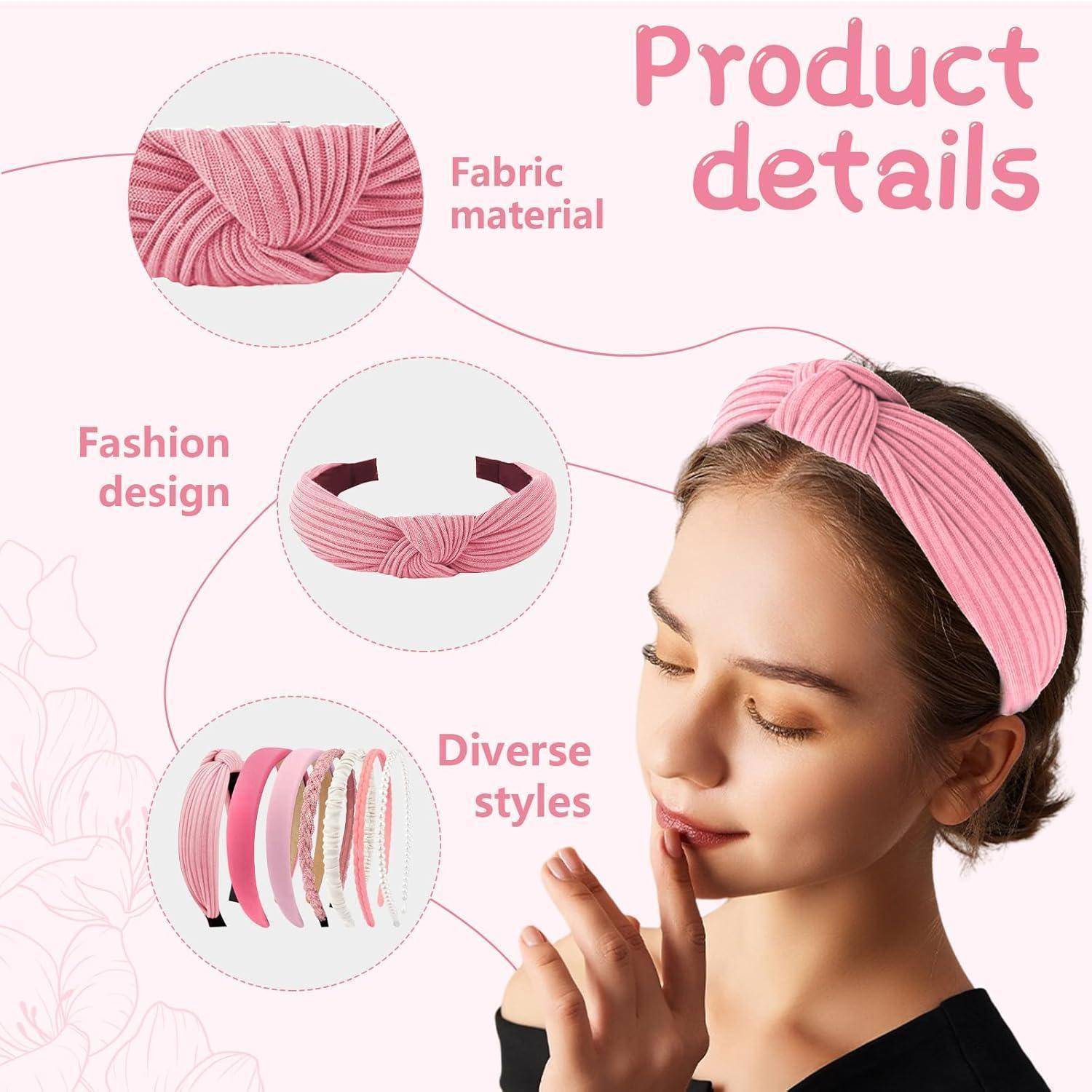 Frau mit pinkem Haarband. Eingesetzte Bilder heben Stofffabrikat, Modedesign und verschiedene Stile hervor. Text lautet 