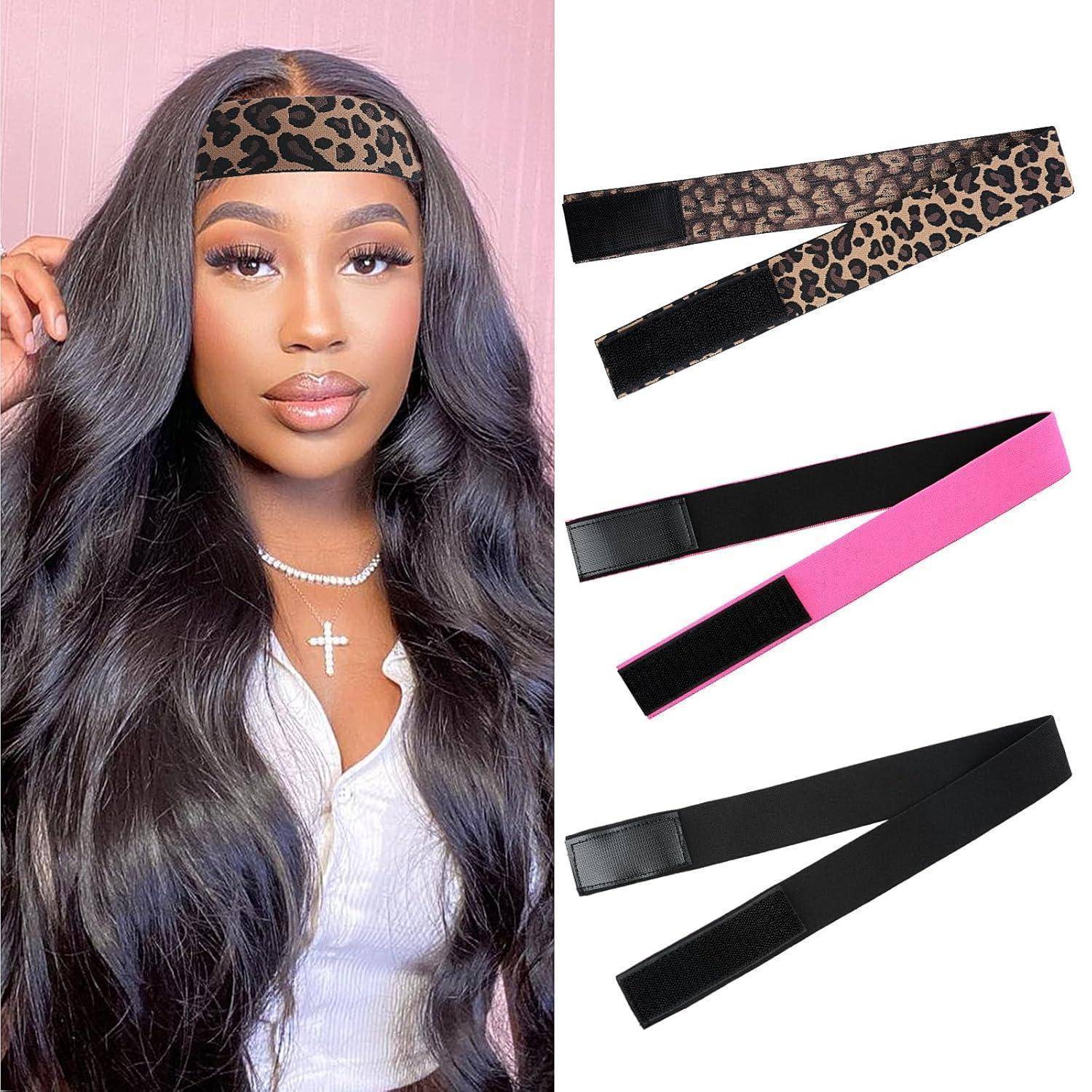 Frau mit langen schwarzen Haaren, die eine Leoparden-Print-Haarband trägt, neben drei Haarband-Optionen: Leoparden-Print, rosa und schwarz.
