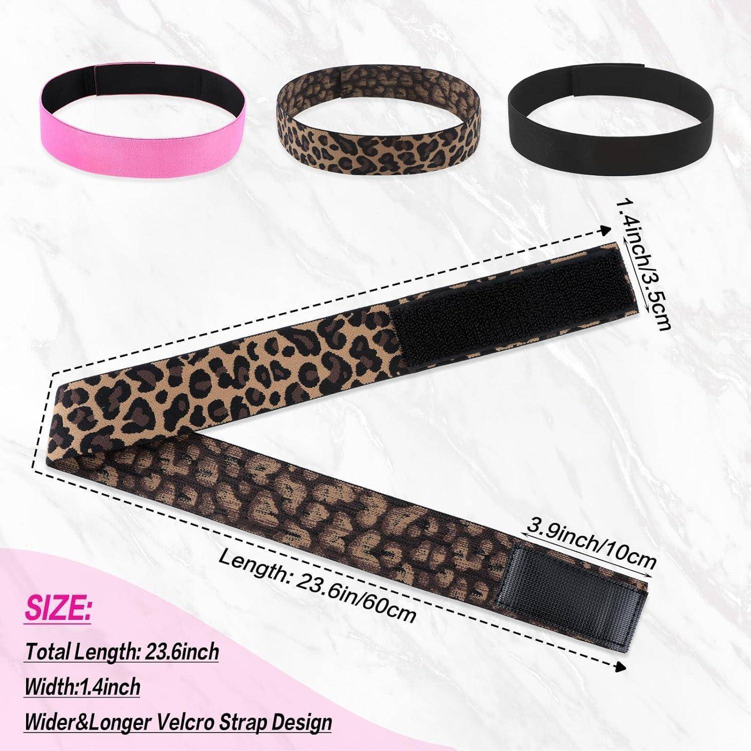 Drei Stirnbänder werden gezeigt: rosa, Leoparden-Muster und schwarz. Ein Leoparden-Muster-Klettband wird mit Abmessungen präsentiert, wobei ein breiteres, längeres Design betont wird.