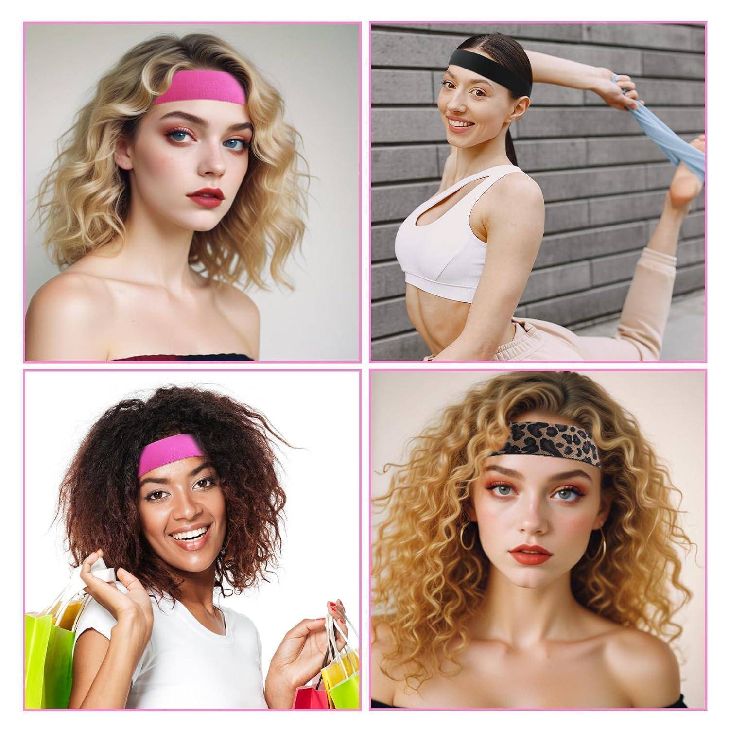 Eine Collage von vier Personen, die Stirnbänder in verschiedenen Stilen tragen: rosa, blau und Leopardenmuster. Jede Person posiert vor unterschiedlichen Hintergründen.