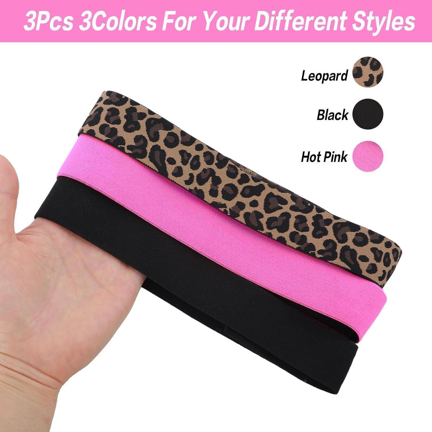 3 Stück, 3 Farben Für Ihre Verschiedenen Styles.' Eine Hand hält drei Haarreife: Leopardenmuster, rosa und schwarz, vor einem rosa Hintergrund präsentiert.