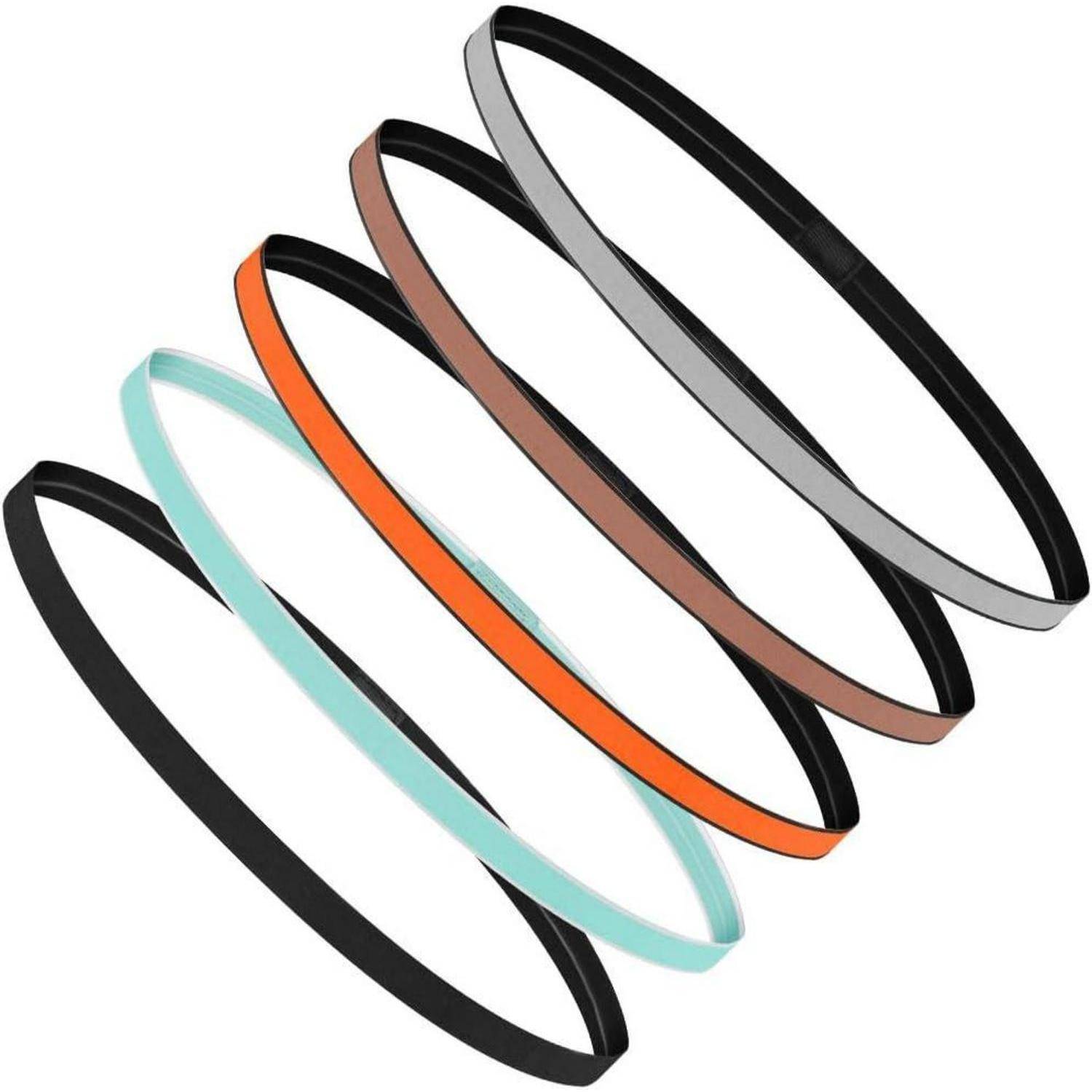 Fünf farbige kreisförmige Bänder überlappen sich und zeigen verschiedene Farben: Schwarz, Cyan, Orange, Braun und Grau.