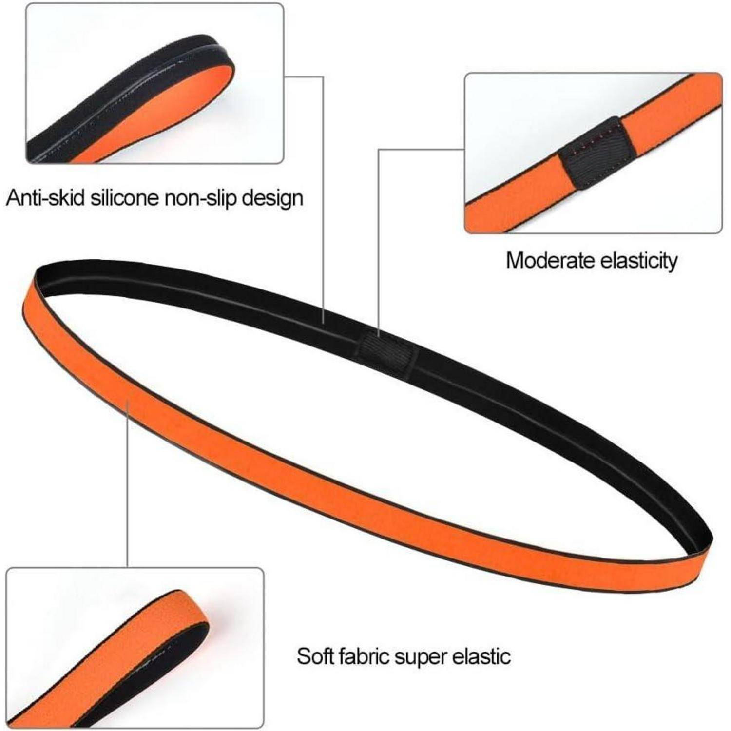 Ein orange-schwarzes elastisches Stirnband mit beschrifteten Merkmalen: 'Rutschfestes Silikondesign ohne Verrutschen', 'Moderate Elastizität', 'Weicher Stoff mit Super-Elastizität'.