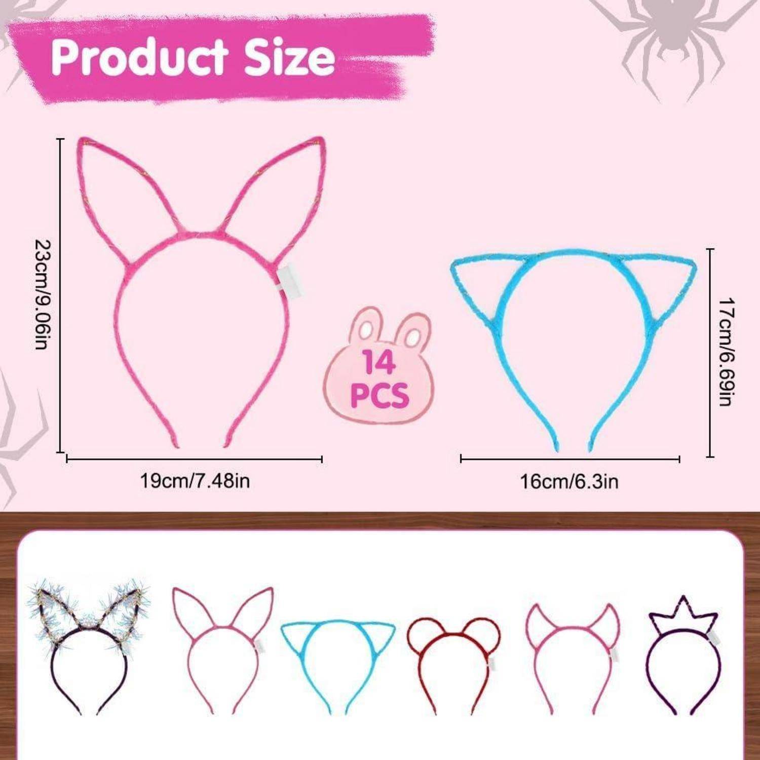 Größenleitfaden für Haarband, verschiedene Stile darstellend: rosa (23cm/9,06in), blau (17cm/6,69in), insgesamt 14 Stück abgebildet.
