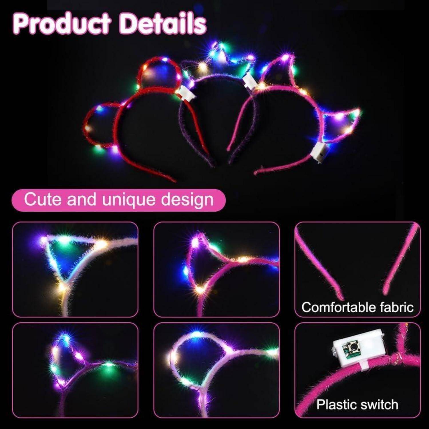 Produktdetails Bild zeigt LED-Stirnbänder mit bunten Lichtern. Merkmale beinhalten 'süßes und einzigartiges Design', 'bequemer Stoff' und 'Plastikschalter'.
