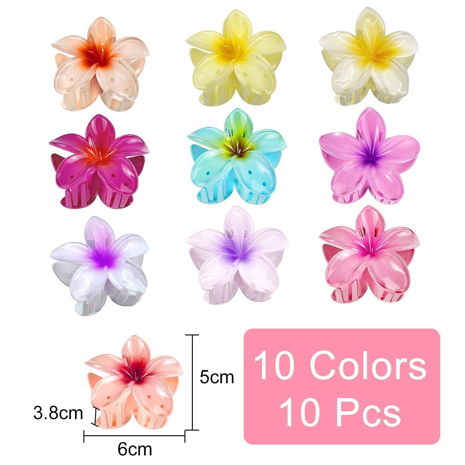 Set mit 10 bunten, blumenförmigen Klammern in verschiedenen Farbtönen. Text lautet '10 Farben, 10 Stück', mit Abmessungen: 6 cm Breite, 3,8 cm Höhe.