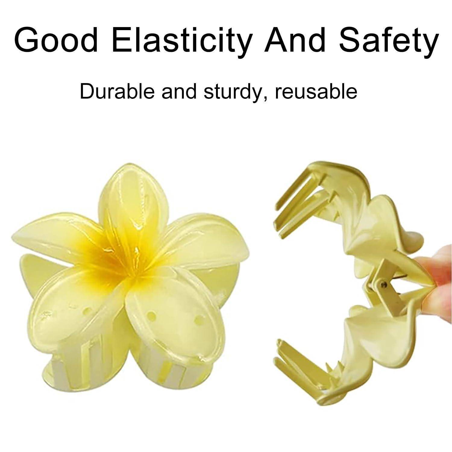 Eine gelbe blumenförmige Klammer und eine offene Handklemme, mit dem Text: 'Gute Elastizität und Sicherheit' und 'Langlebig und robust, wiederverwendbar.