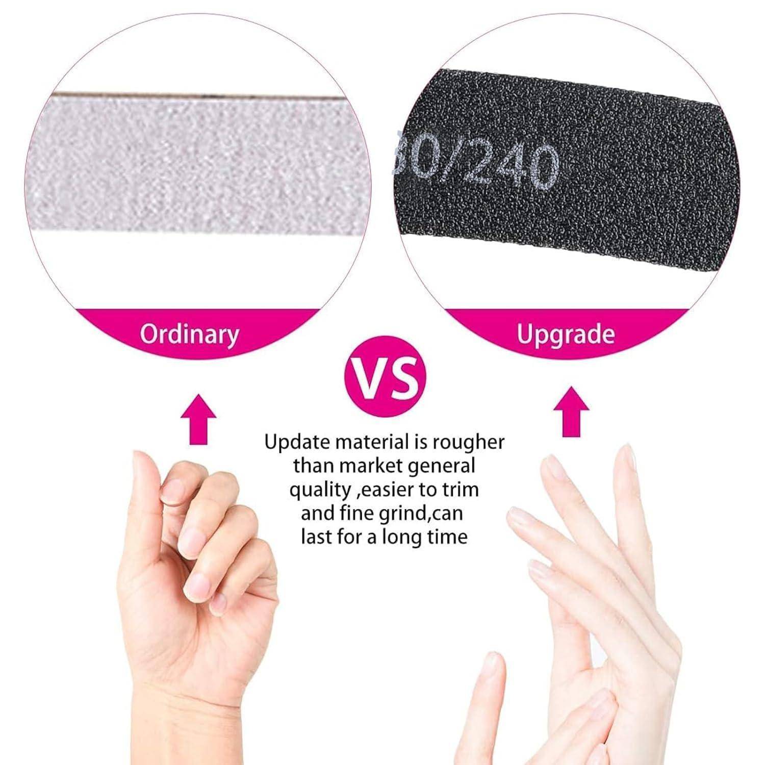Seitenvergleich von 'Standard' und 'Upgrade' Nagelfeilen. Upgrade ist rauer, wird als einfacher zu trimmen und langlebiger beschrieben. Hände zeigen die Feilen.