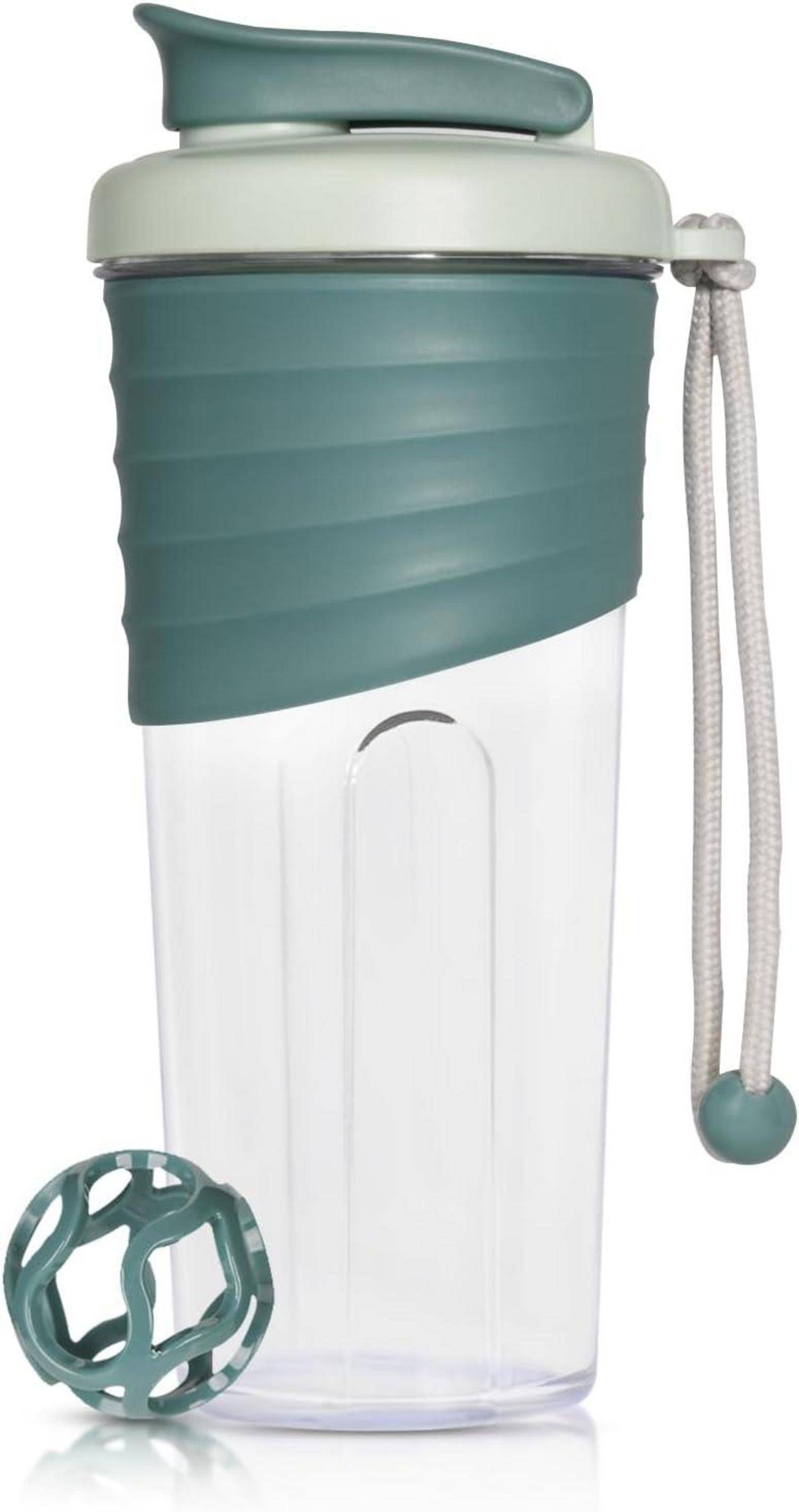 Eine wiederverwendbare Flasche mit einem türkisfarbenen Deckel und einem Trageriemen, entwickelt für einfache Mobilität und Flüssigkeitszufuhr unterwegs.