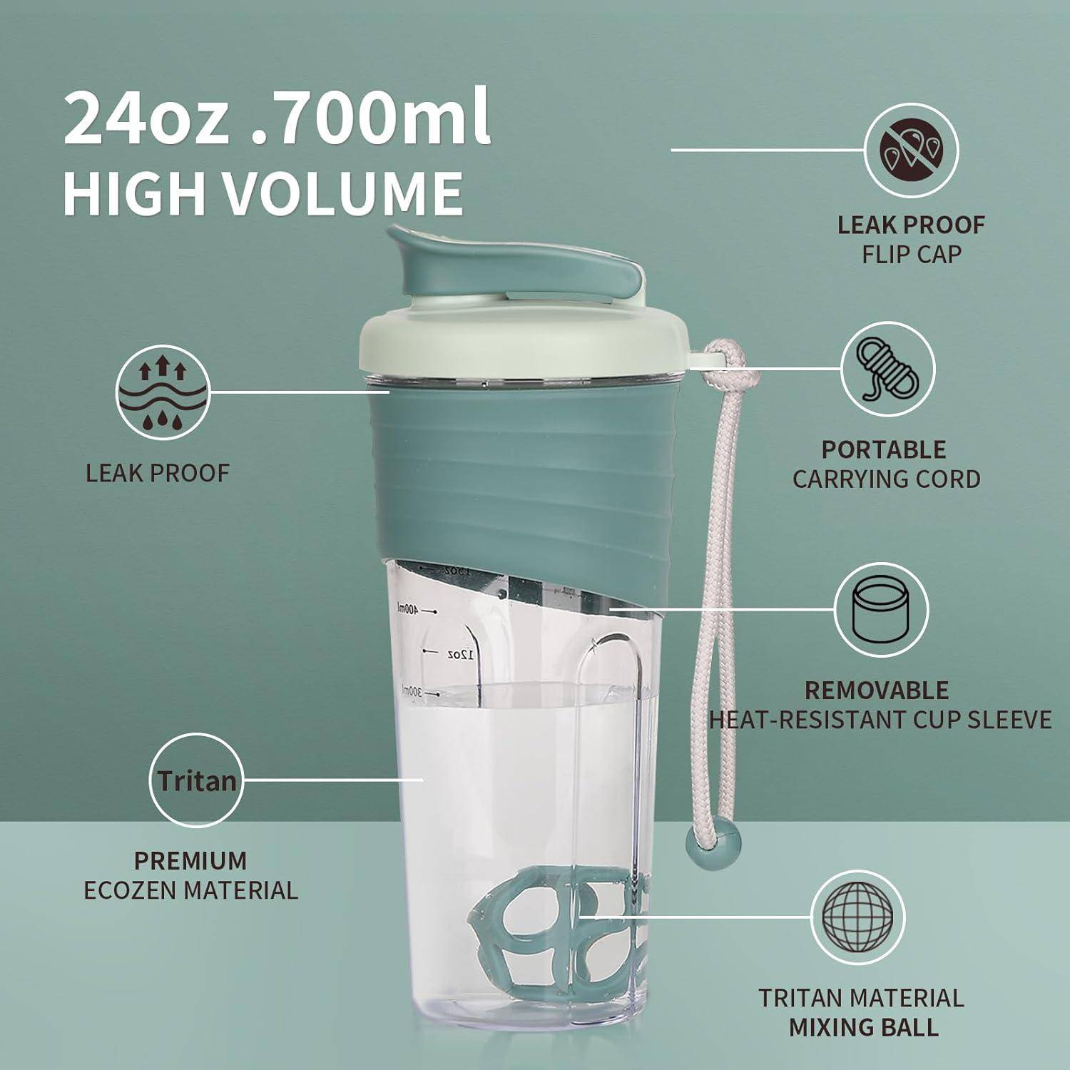 Tritan-Shakerflasche mit 24 oz/700 ml Volumen, auslaufsicherem Klappdeckel, tragbarer Kordel, hitzebeständiger Becher-Ummantelung und Mischkugel.