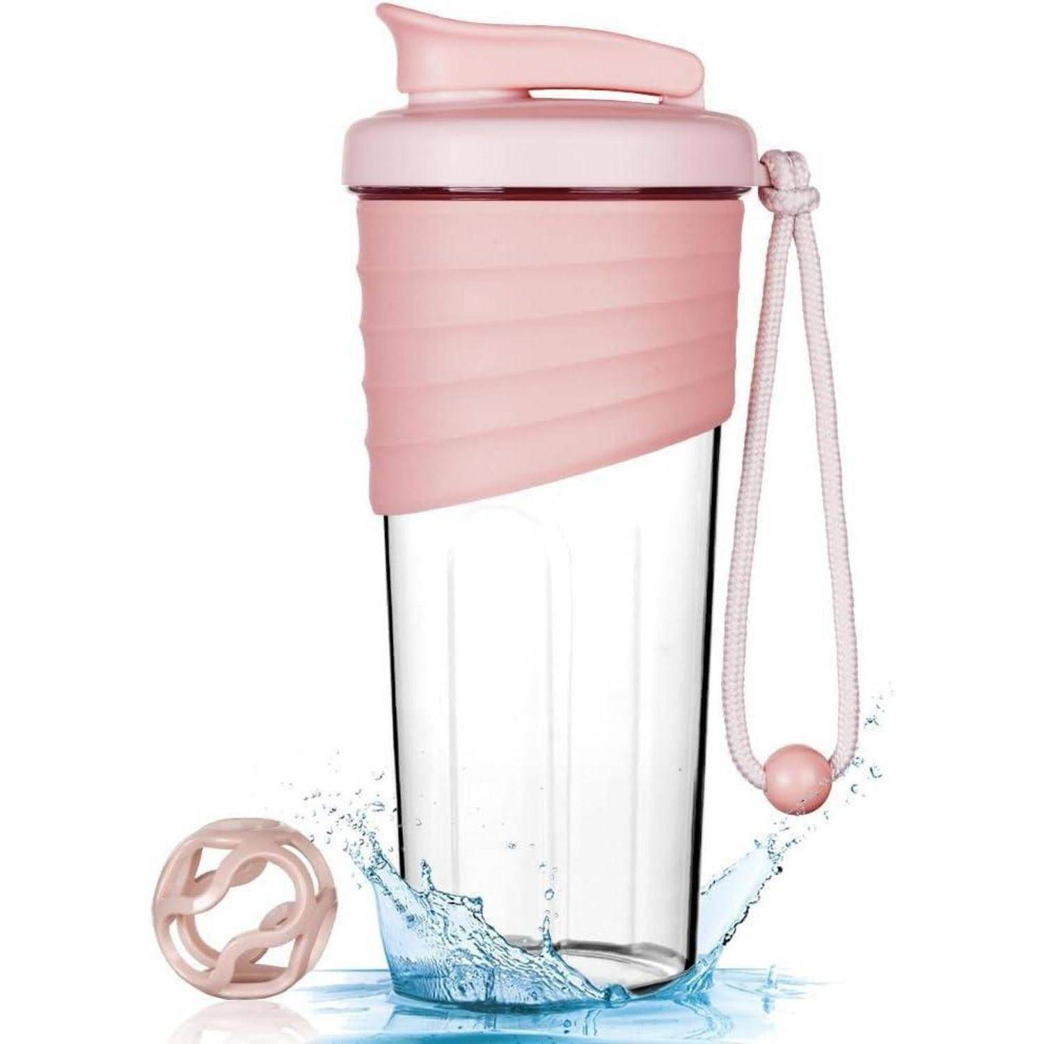 Rosa-gedeckte Wasserflasche mit Handschlaufe und Mischkugel-Zubehör, die inmitten von Wasserspritzern zur Betonung der Hydratationsnutzung gezeigt wird.