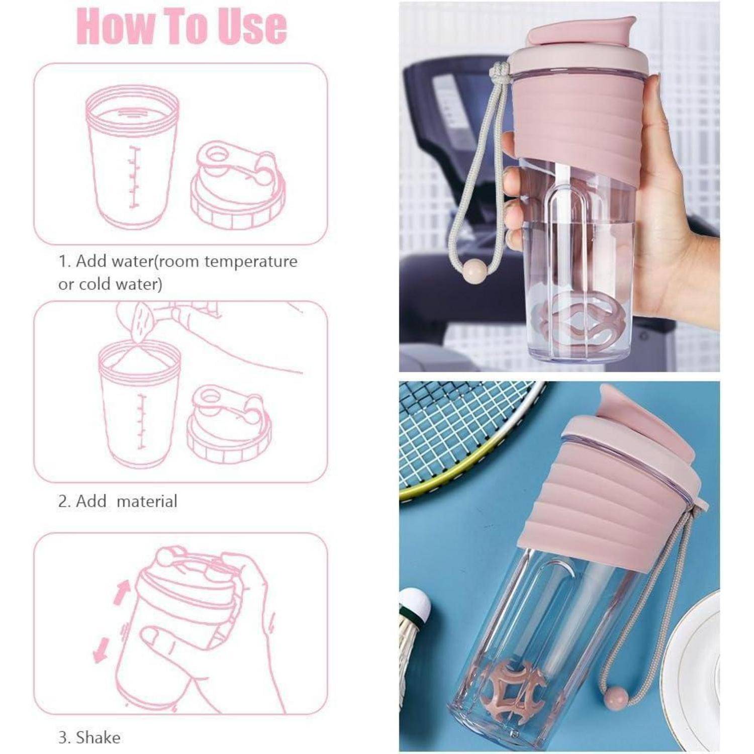 Gebrauchsanweisung' mit Bildern einer Shaker-Flasche: 1. Wasser hinzufügen (Raumtemperatur oder kaltes Wasser). 2. Material hinzufügen. 3. Schütteln.