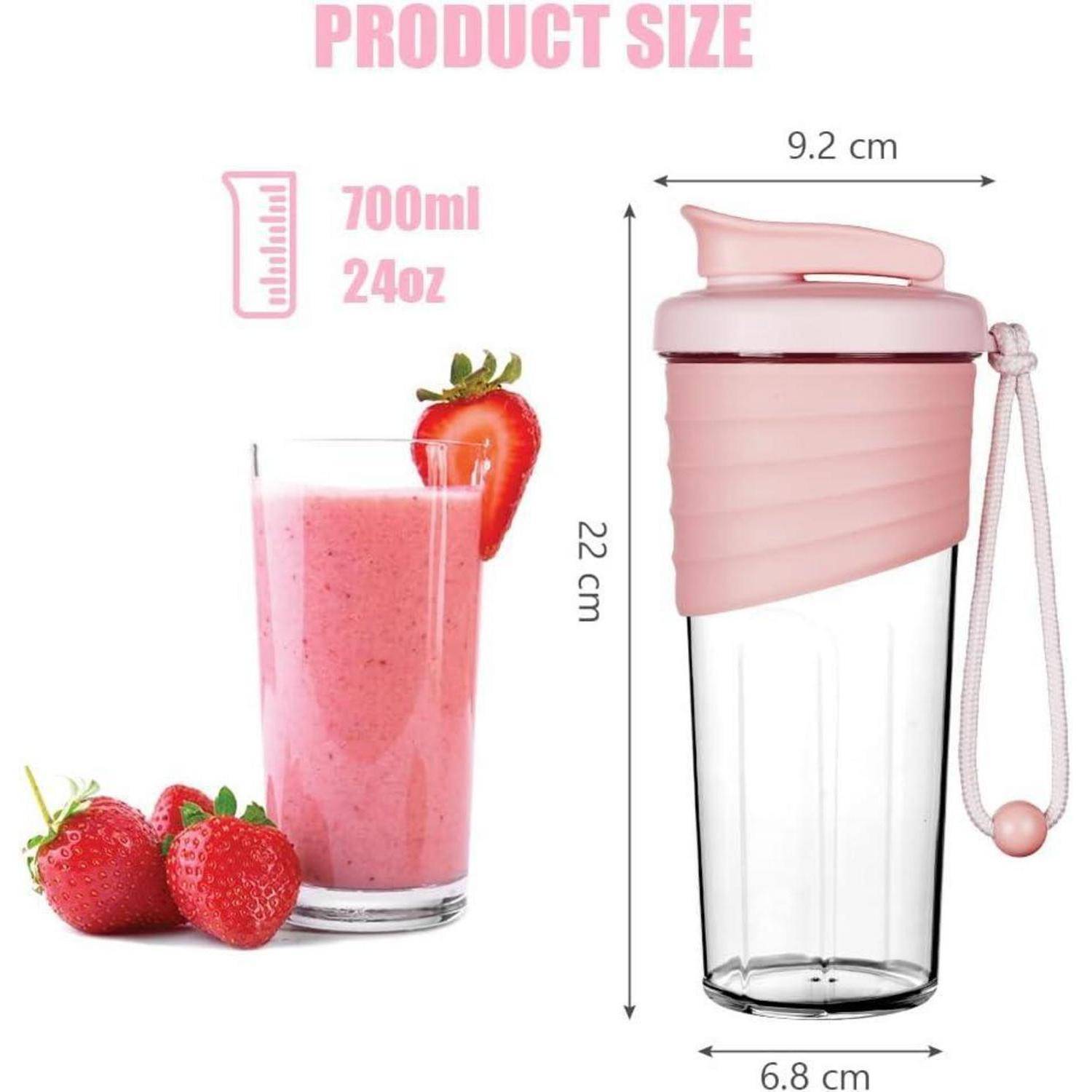 Produktgröße': Rosa Blenderflasche mit Deckel und Griff, 700ml/24oz Fassungsvermögen. Daneben ein Glas mit rosa Smoothie und Erdbeeren. Abmessungen: 9,2 cm Durchmesser, 22 cm Höhe, 6,8 cm Basisdurchmesser.