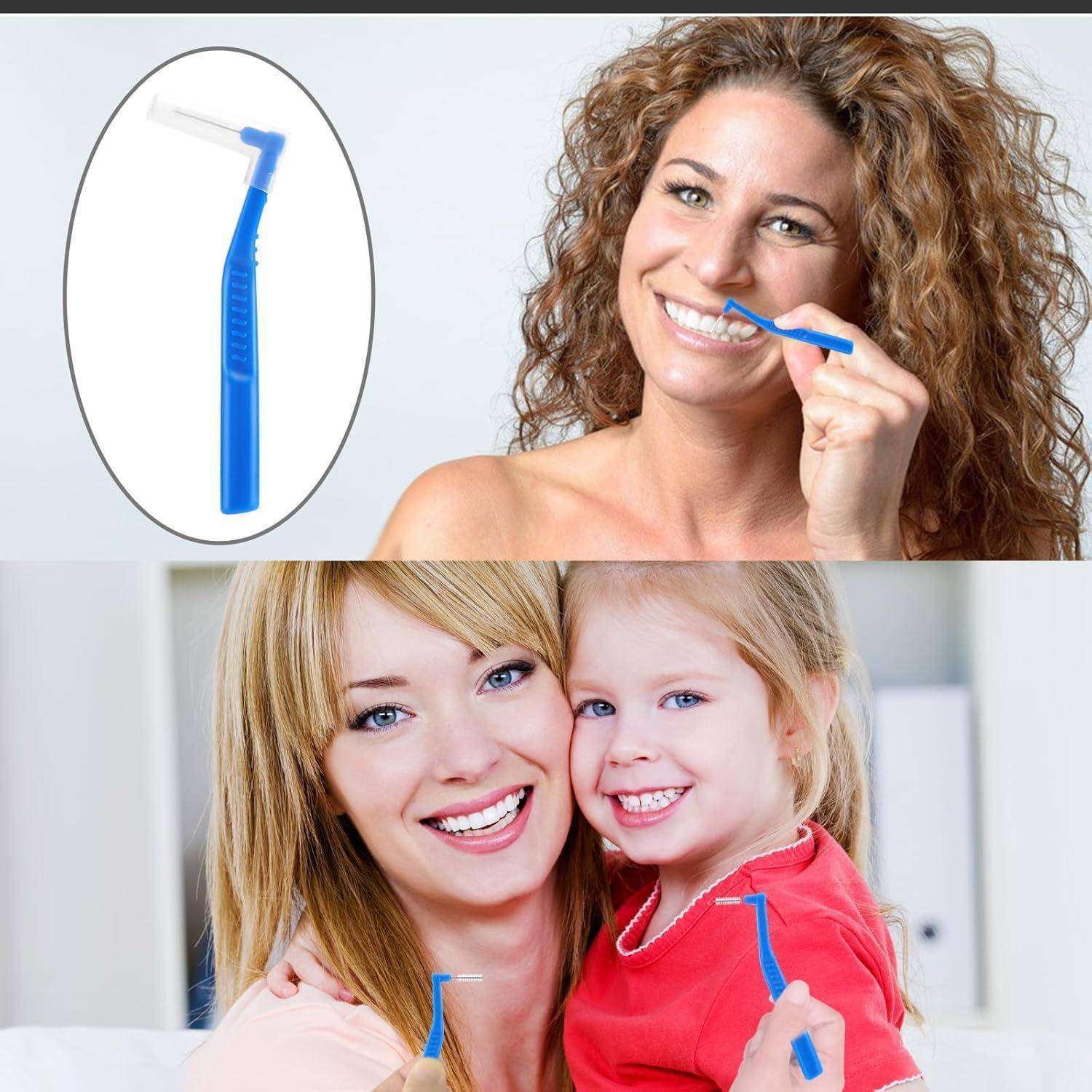 Eine Frau, die lächelt und ein Dentaltool hält, und darunter eine Mutter und Tochter, die fröhlich zusammen posieren und dabei das gleiche Instrument halten.