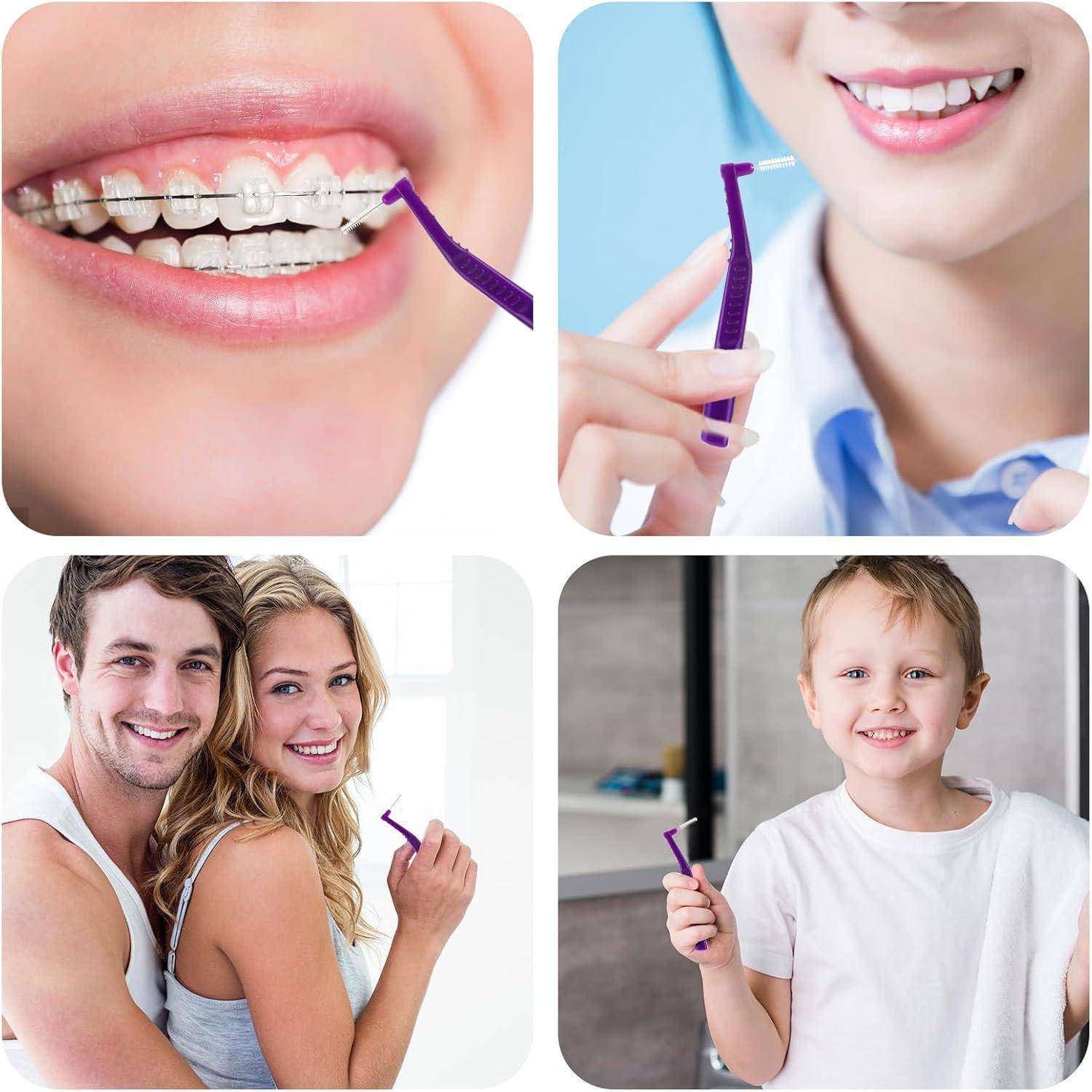 Vier Bilder: 1) Nahaufnahme von Zähnen mit Zahnspange, die mit einer Interdentalbürste gereinigt werden. 2) Person lächelt und hält eine Interdentalbürste. 3) Lächelndes Paar mit Interdentalbürste. 4) Kind hält eine Interdentalbürste.