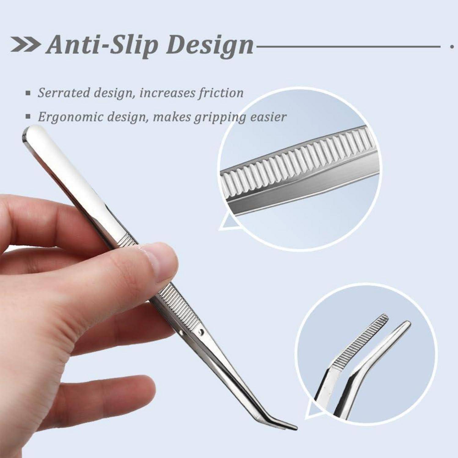 Stahl-Pinzette mit gezahnter Griffoberfläche und ergonomischem Design für eine rutschfeste Funktion. Detailaufnahmen zeigen die Besonderheiten der Zahnung.