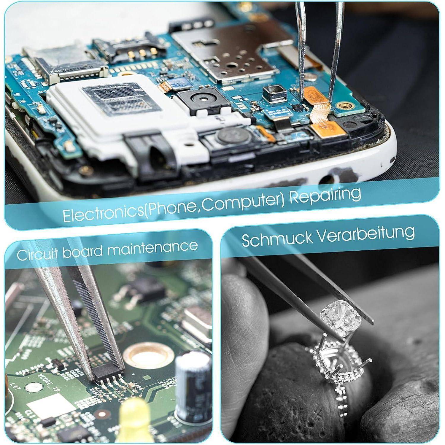 Bildcollage mit Elektronik- und Schmuckreparatur. Oben: Leiterplatte mit Werkzeugen. Unten links: Wartung einer Leiterplatte. Unten rechts: Schmuck, der mit Präzisionswerkzeugen bearbeitet wird.