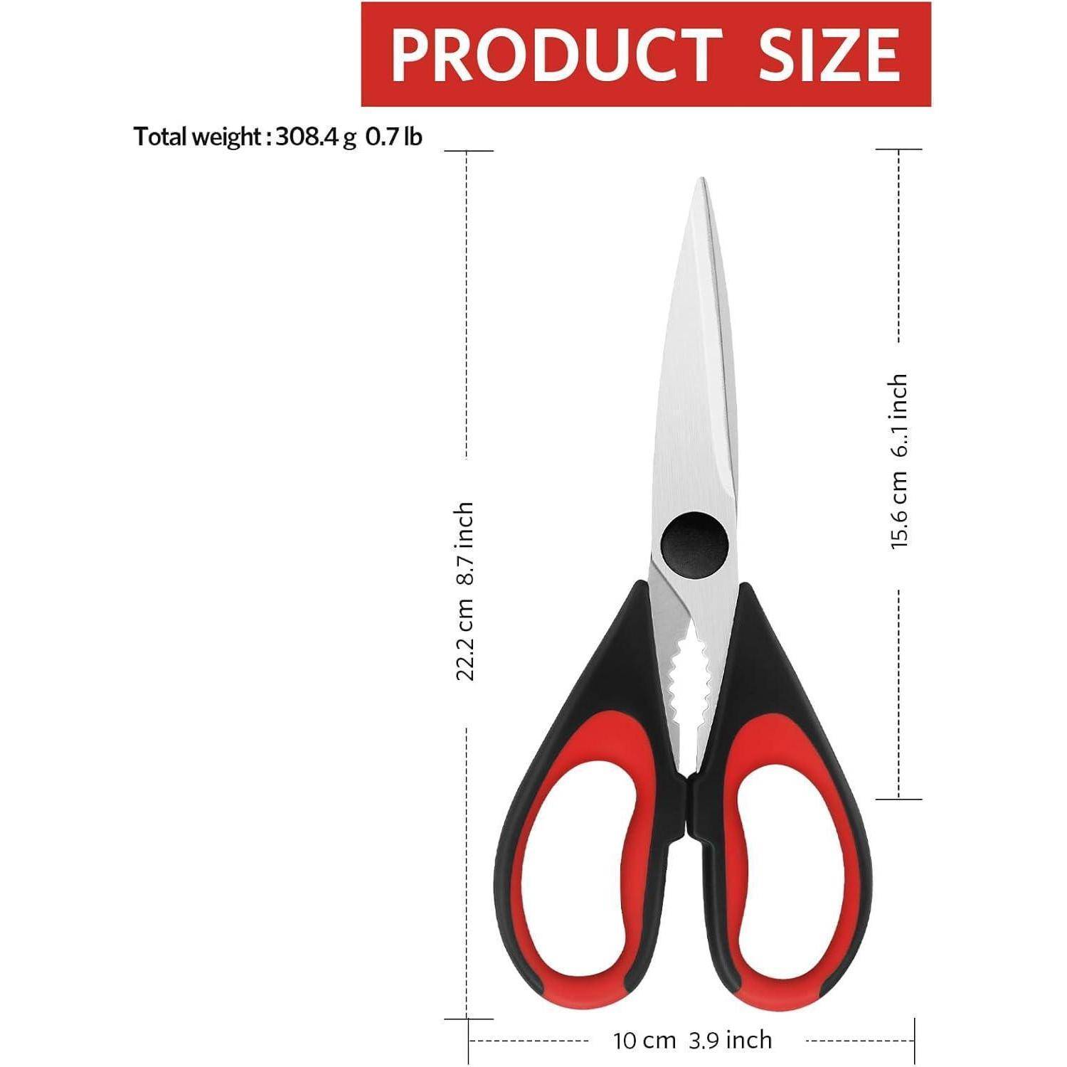 Scheren mit roten und schwarzen Griffen werden gezeigt, mit Maßangaben: 22,2 cm (8,7 Zoll) Höhe, 15,6 cm (6,1 Zoll) Klingenlänge, 10 cm (3,9 Zoll) Griffbreite. Gesamtgewicht: 308,4 g (0,7 Pfund).