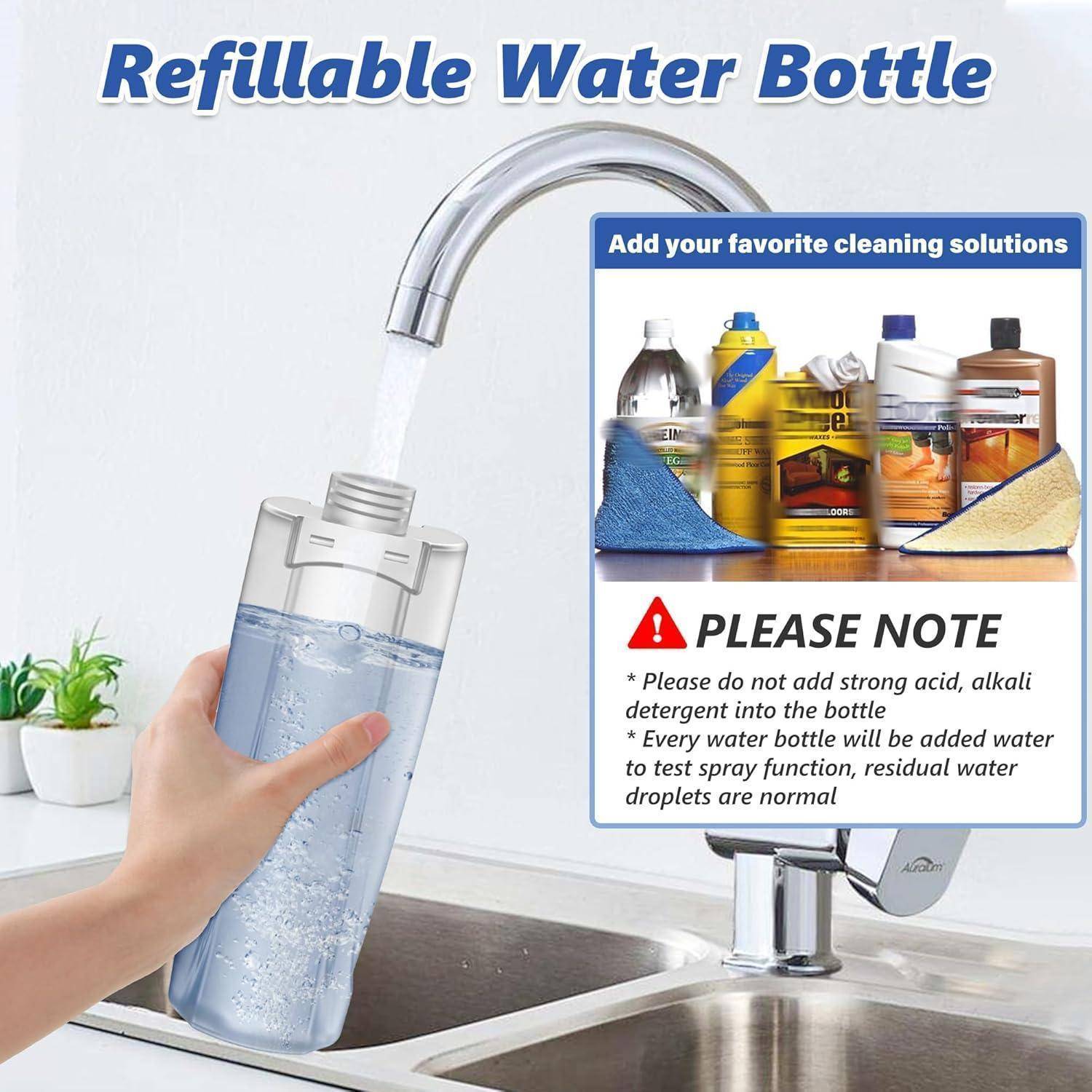 Eine Person füllt eine wiederbefüllbare Wasserflasche unter einem Wasserhahn. Der Text hebt Reinigungslösungen hervor, und ein Warnhinweis unter 