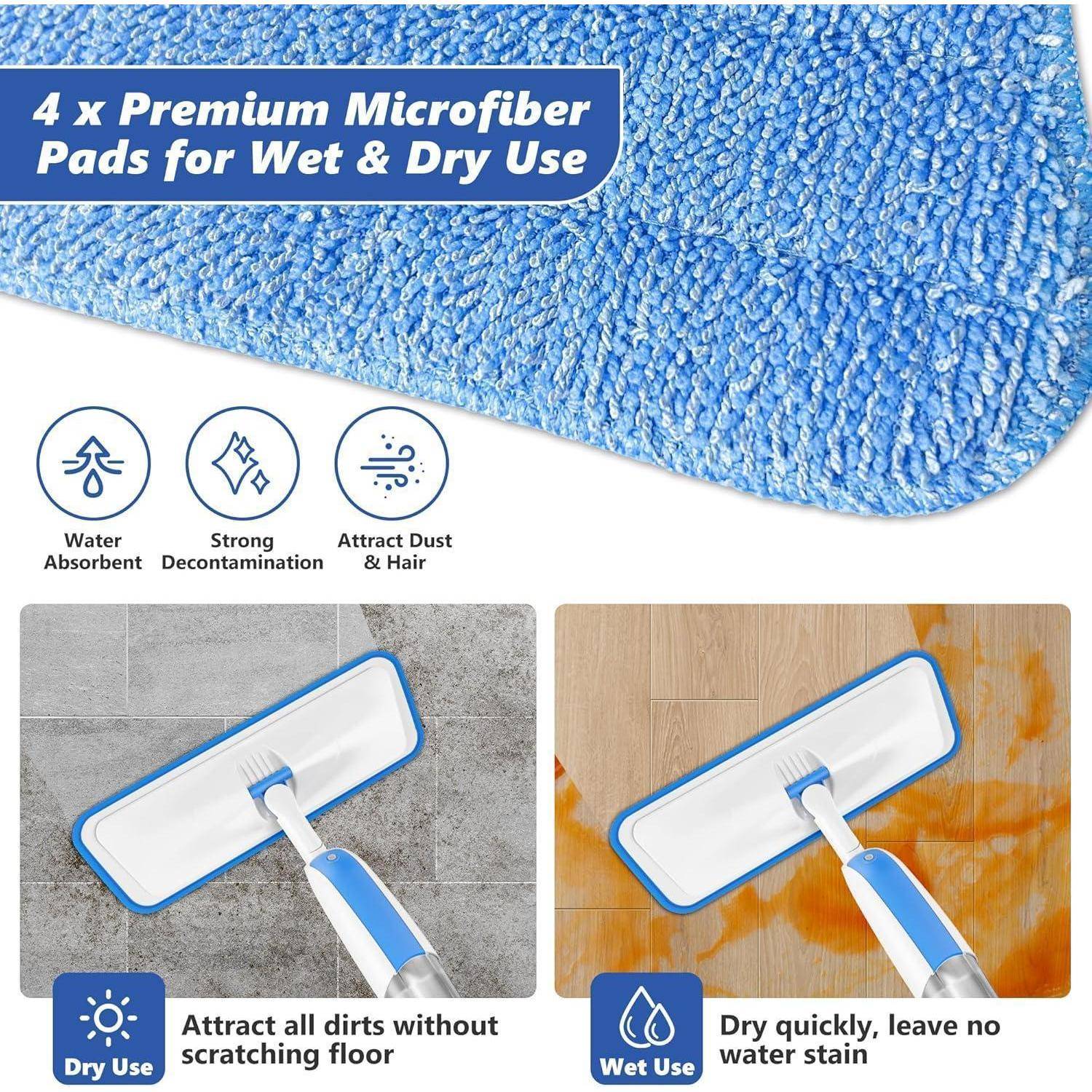 4 x Premium Mikrofaser-Pads für nasse & trockene Anwendung.' Blaue Pads mit Eigenschaften: wasserabsorbierend, starke Reinigungskraft, ziehen Staub & Haare an. Bilder zeigen Reinigung auf verschiedenen Böden.