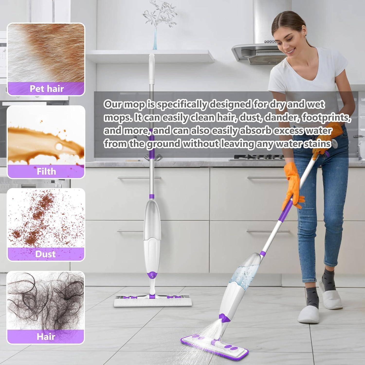 Eine Frau wischt einen Küchenboden mit einem Mopp. Eingesetzte Bilder zeigen Tierhaare, Schmutz, Staub und Haare und verdeutlichen die Reinigungsfähigkeiten des Mopp.