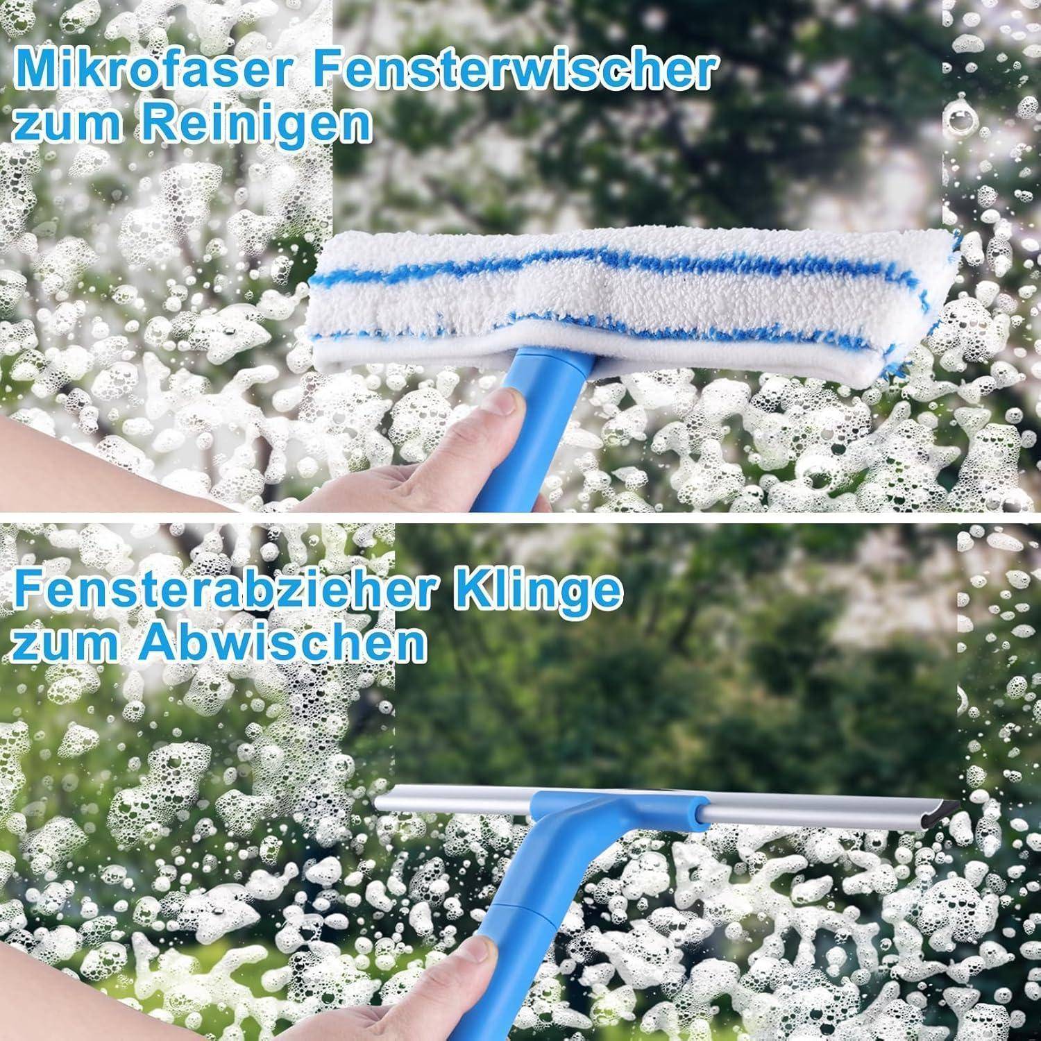 Eine Hand hält einen Mikrofaserfensterreiniger und einen Abzieher und demonstriert Reinigungstechniken und Wischmethoden auf einer seifigen Glasoberfläche.
