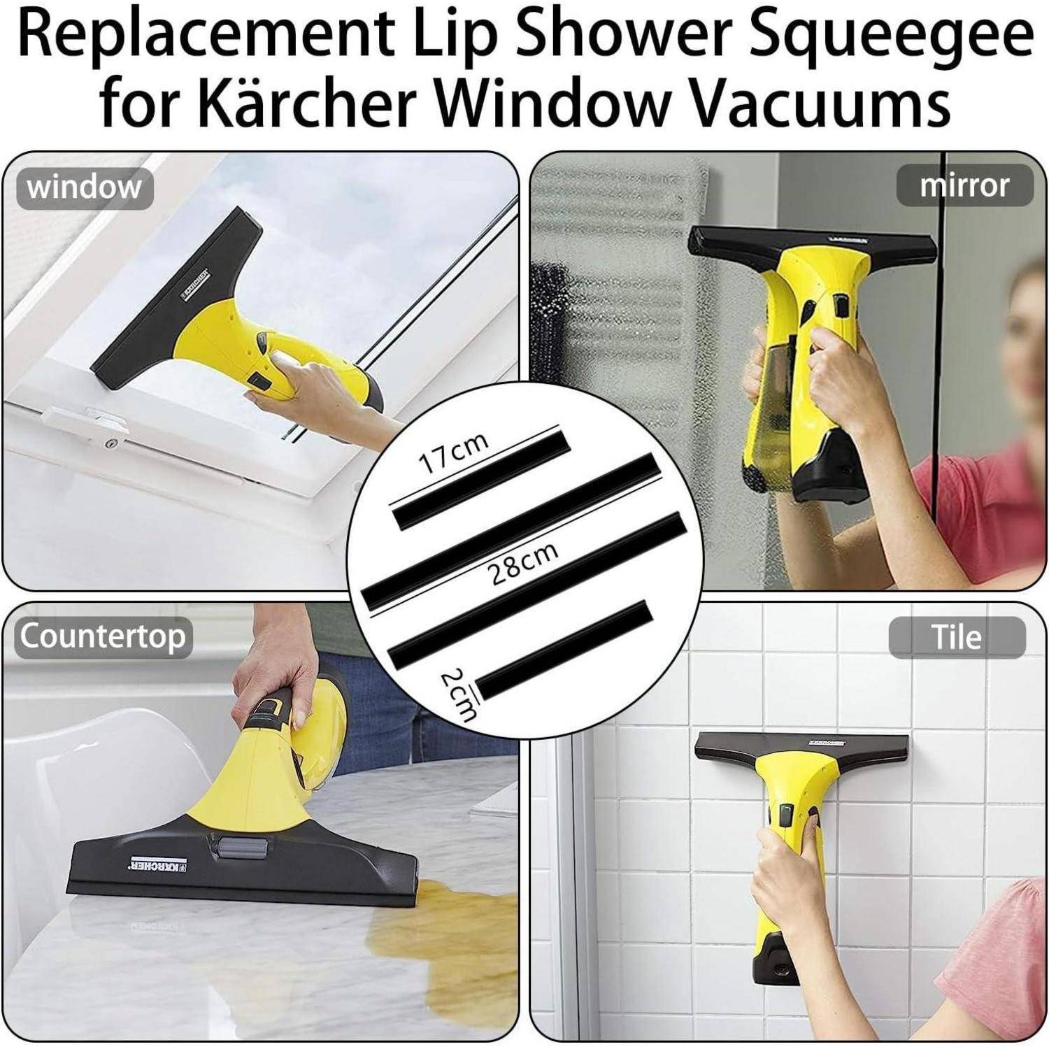 Austausch-Lippenscheibe für Kärcher Fensterwischer, gezeigt auf Fenster, Spiegel, Arbeitsplatte und Fliesen. Größen: 17cm, 28cm, 2cm.